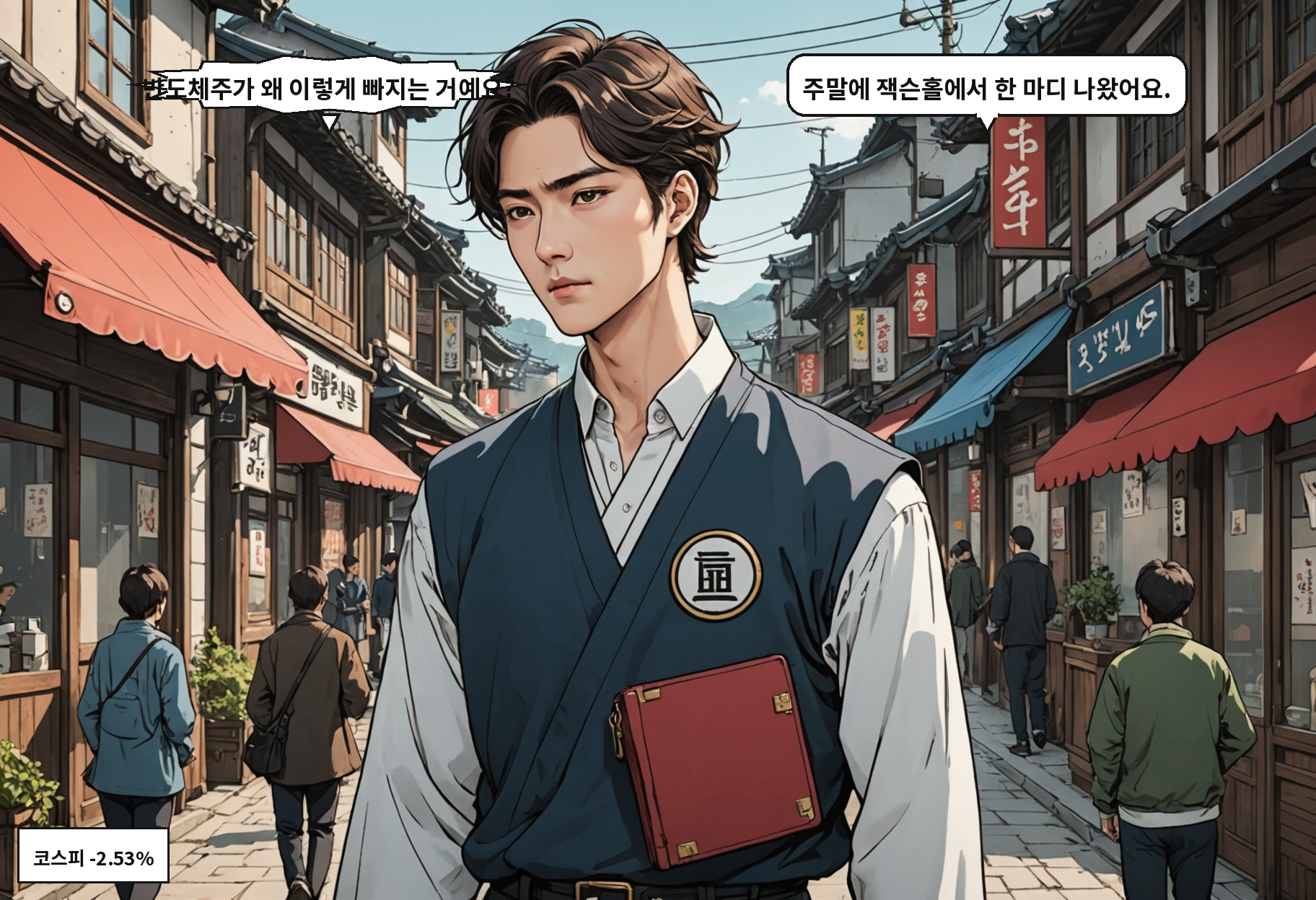 B: 반도체주가 왜 이렇게 빠지는 거예요? A: 주말에 잭슨홀에서 한 마디 나왔어요.