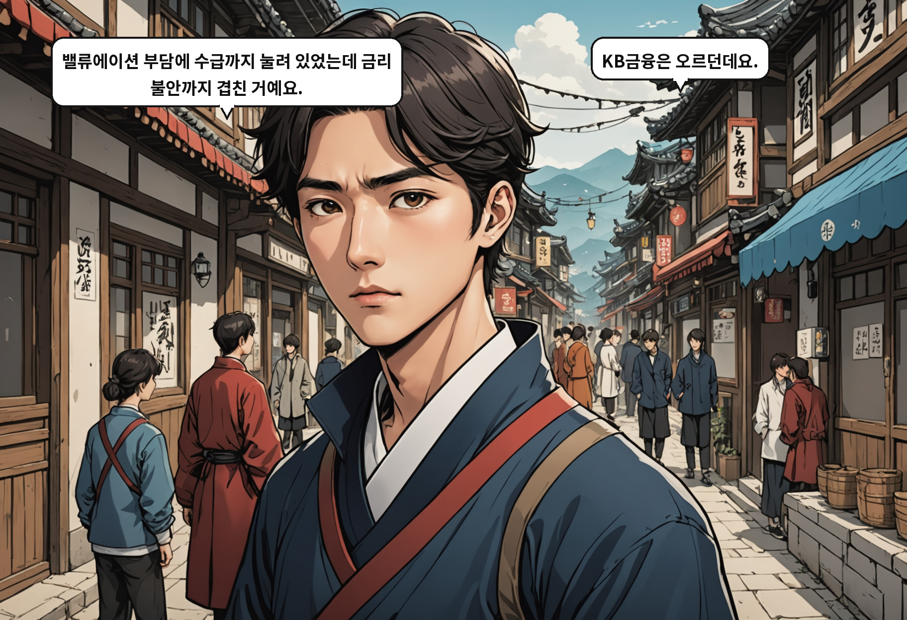 A: 밸류에이션 부담에 수급까지 눌려 있었는데 금리 불안까지 겹친 거예요. B: KB금융은 오르던데요.