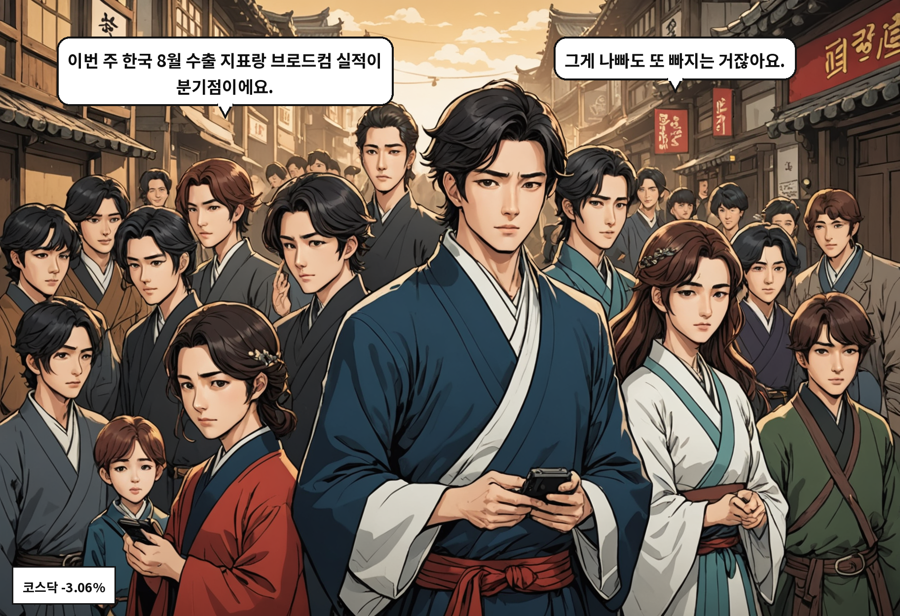 A: 이번 주 한국 8월 수출 지표랑 브로드컴 실적이 분기점이에요. B: 그게 나빠도 또 빠지는 거잖아요.