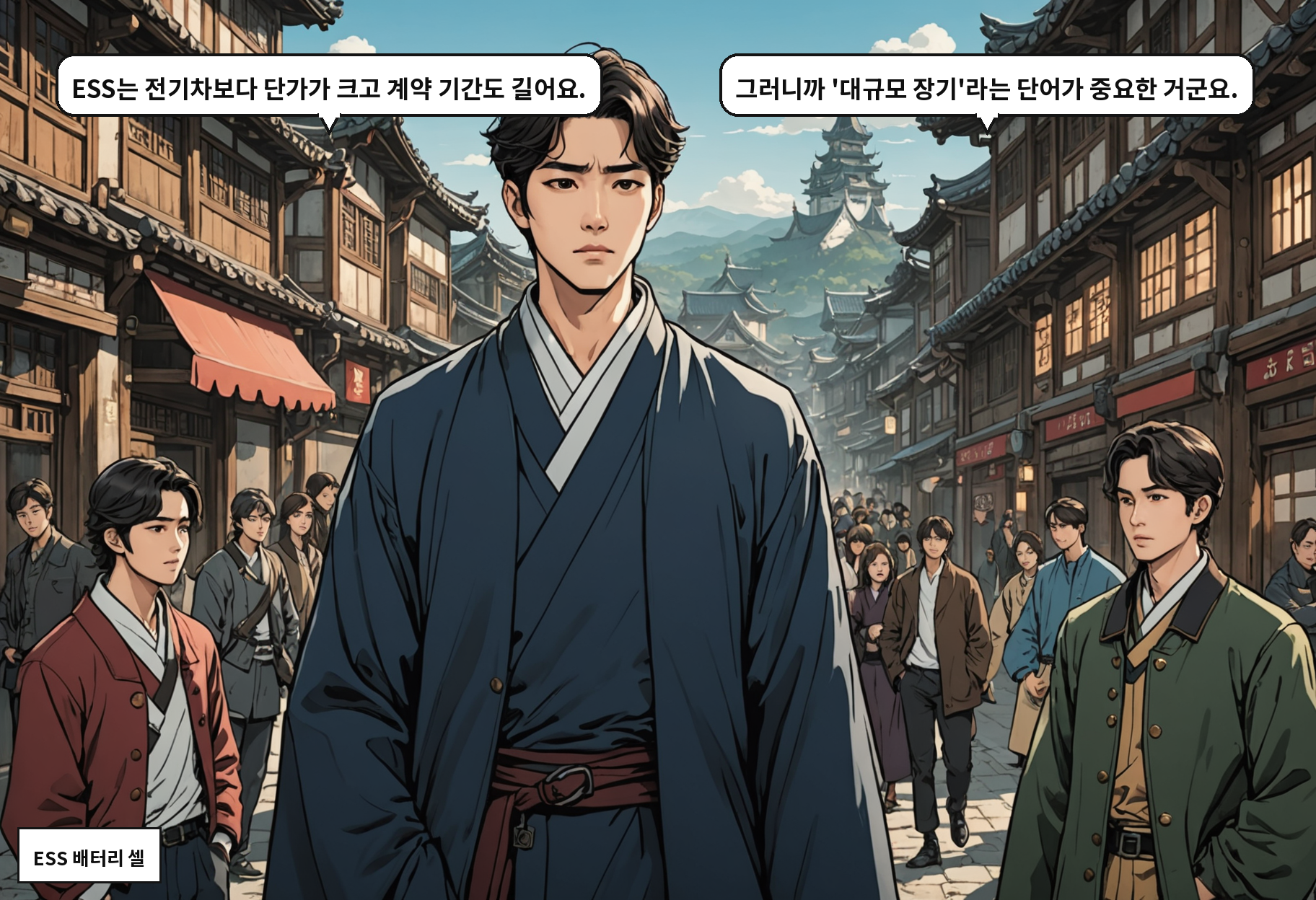 A: ESS는 전기차보다 단가가 크고 계약 기간도 길어요. B: 그러니까 '대규모 장기'라는 단어가 중요한 거군요.