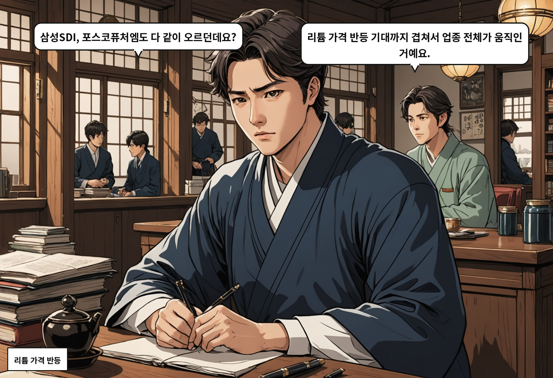 B: 삼성SDI, 포스코퓨처엠도 다 같이 오르던데요? A: 리튬 가격 반등 기대까지 겹쳐서 업종 전체가 움직인 거예요.