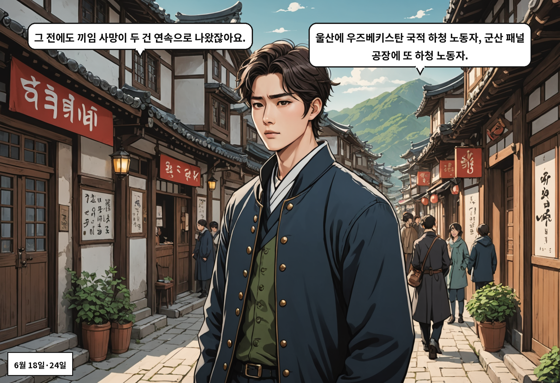 B: 그 전에도 끼임 사망이 두 건 연속으로 나왔잖아요. A: 울산에 우즈베키스탄 국적 하청 노동자, 군산 패널 공장에 또 하청 노동자.