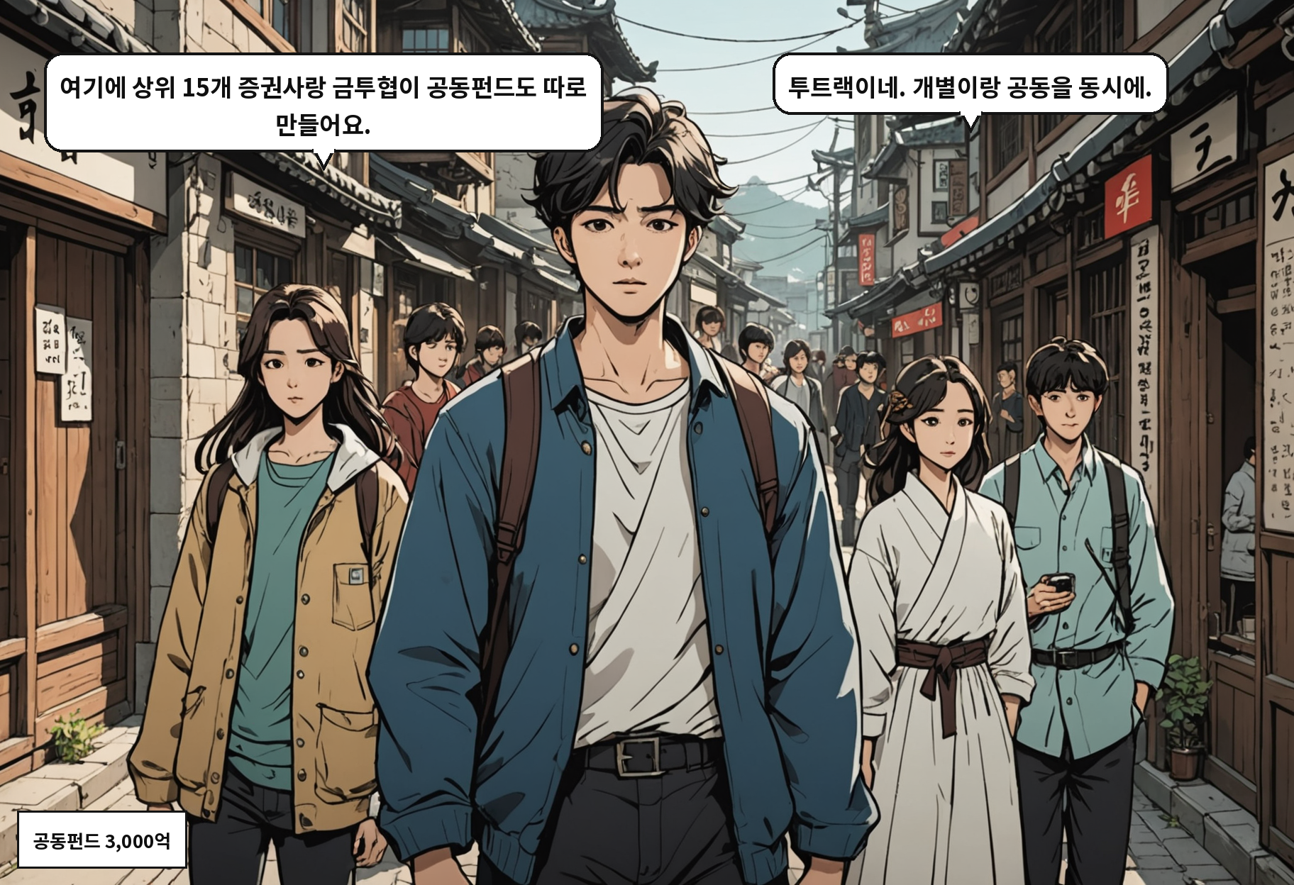 A: 여기에 상위 15개 증권사랑 금투협이 공동펀드도 따로 만들어요. B: 투트랙이네. 개별이랑 공동을 동시에.