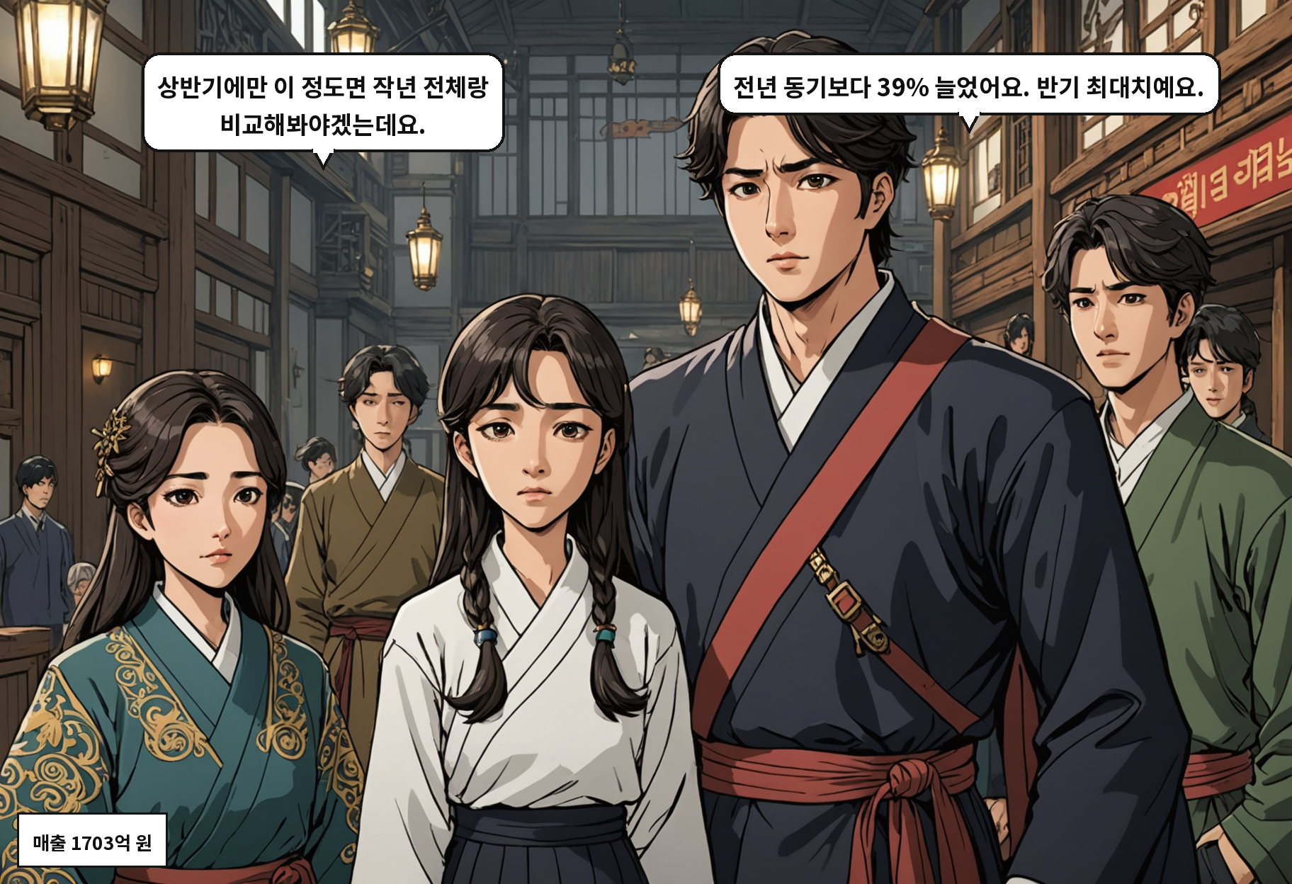A: 상반기에만 이 정도면 작년 전체랑 비교해봐야겠는데요. B: 전년 동기보다 39% 늘었어요. 반기 최대치예요.