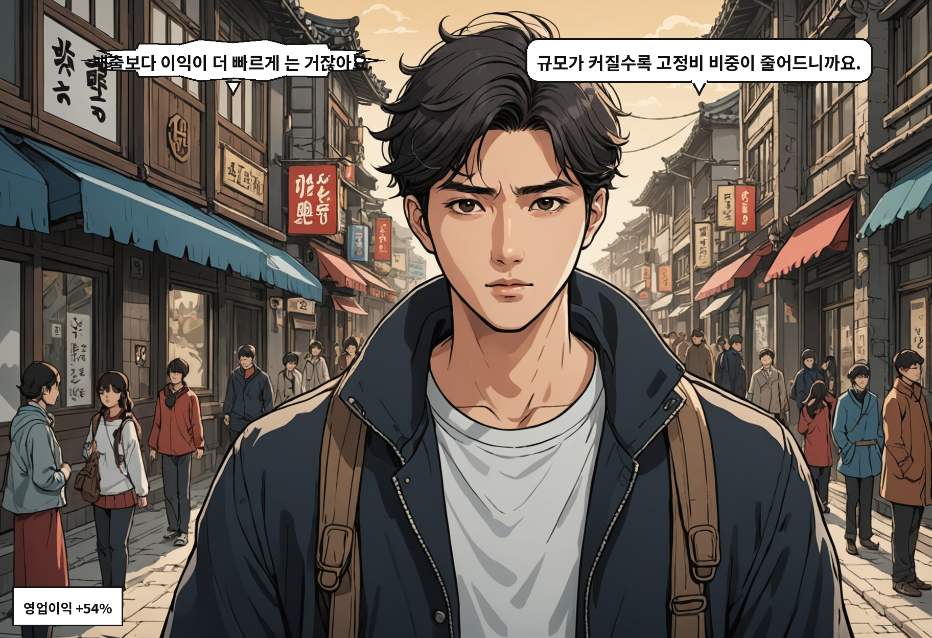 A: 매출보다 이익이 더 빠르게 는 거잖아요. B: 규모가 커질수록 고정비 비중이 줄어드니까요.