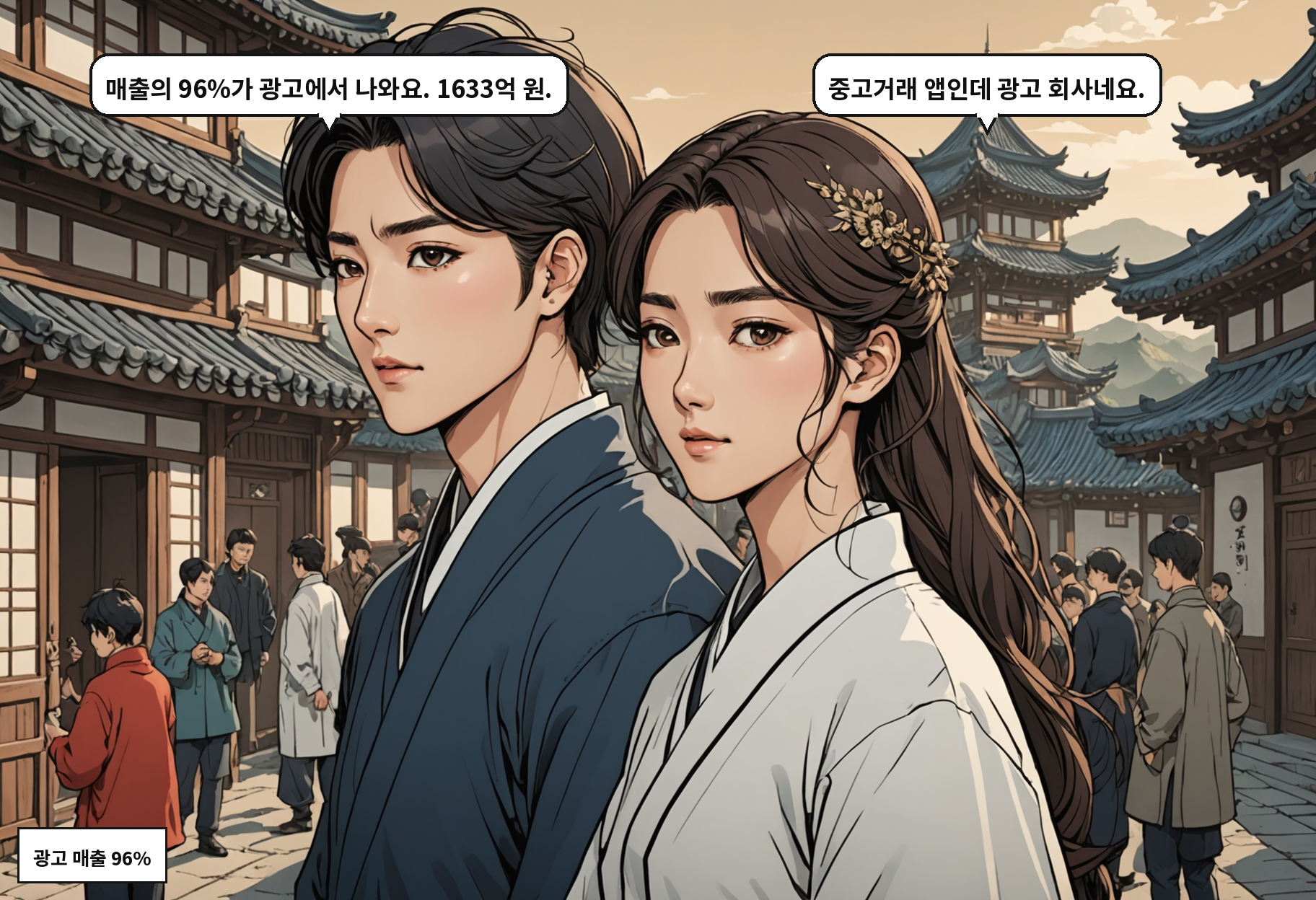 B: 매출의 96%가 광고에서 나와요. 1633억 원. A: 중고거래 앱인데 광고 회사네요.
