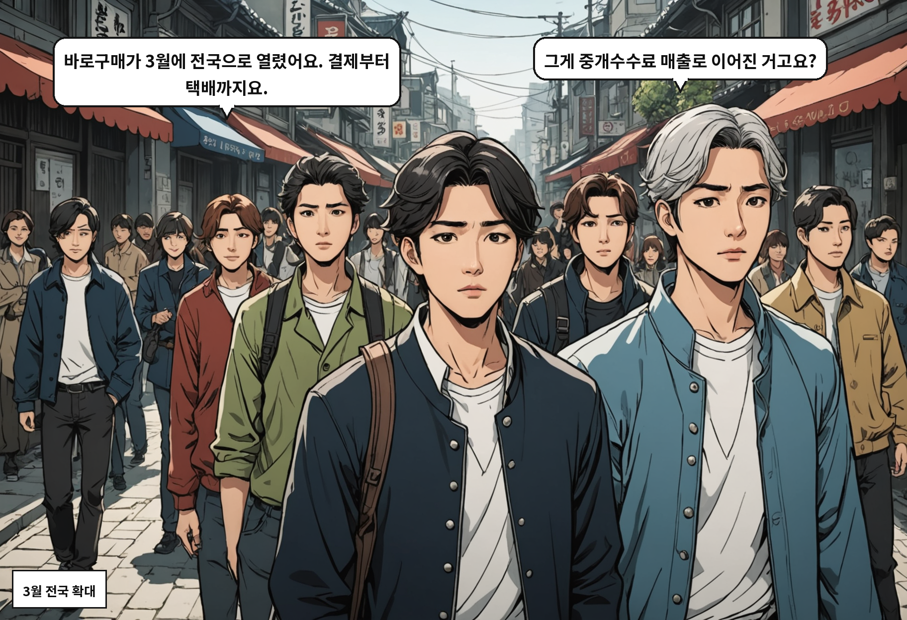B: 바로구매가 3월에 전국으로 열렸어요. 결제부터 택배까지요. A: 그게 중개수수료 매출로 이어진 거고요?
