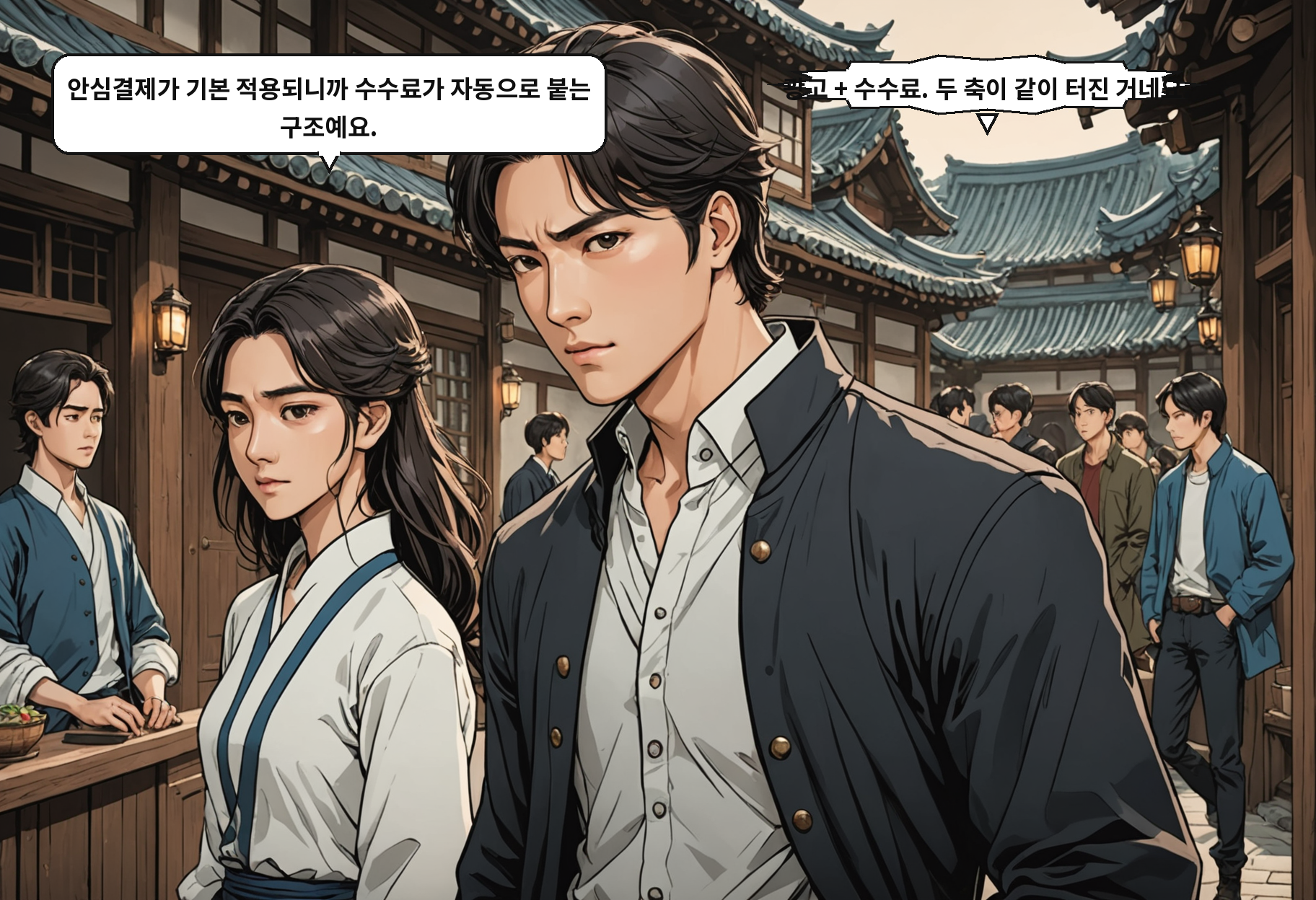 B: 안심결제가 기본 적용되니까 수수료가 자동으로 붙는 구조예요. A: 광고 + 수수료. 두 축이 같이 터진 거네요.