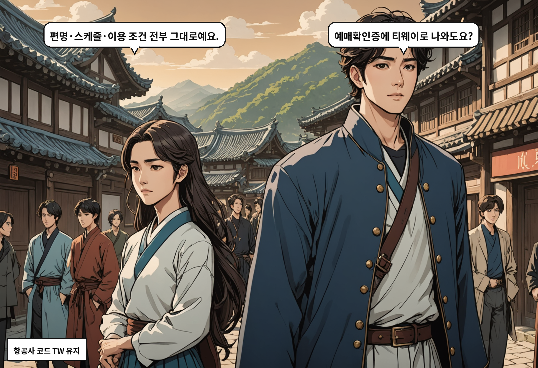 B: 편명·스케줄·이용 조건 전부 그대로예요. A: 예매확인증에 티웨이로 나와도요?