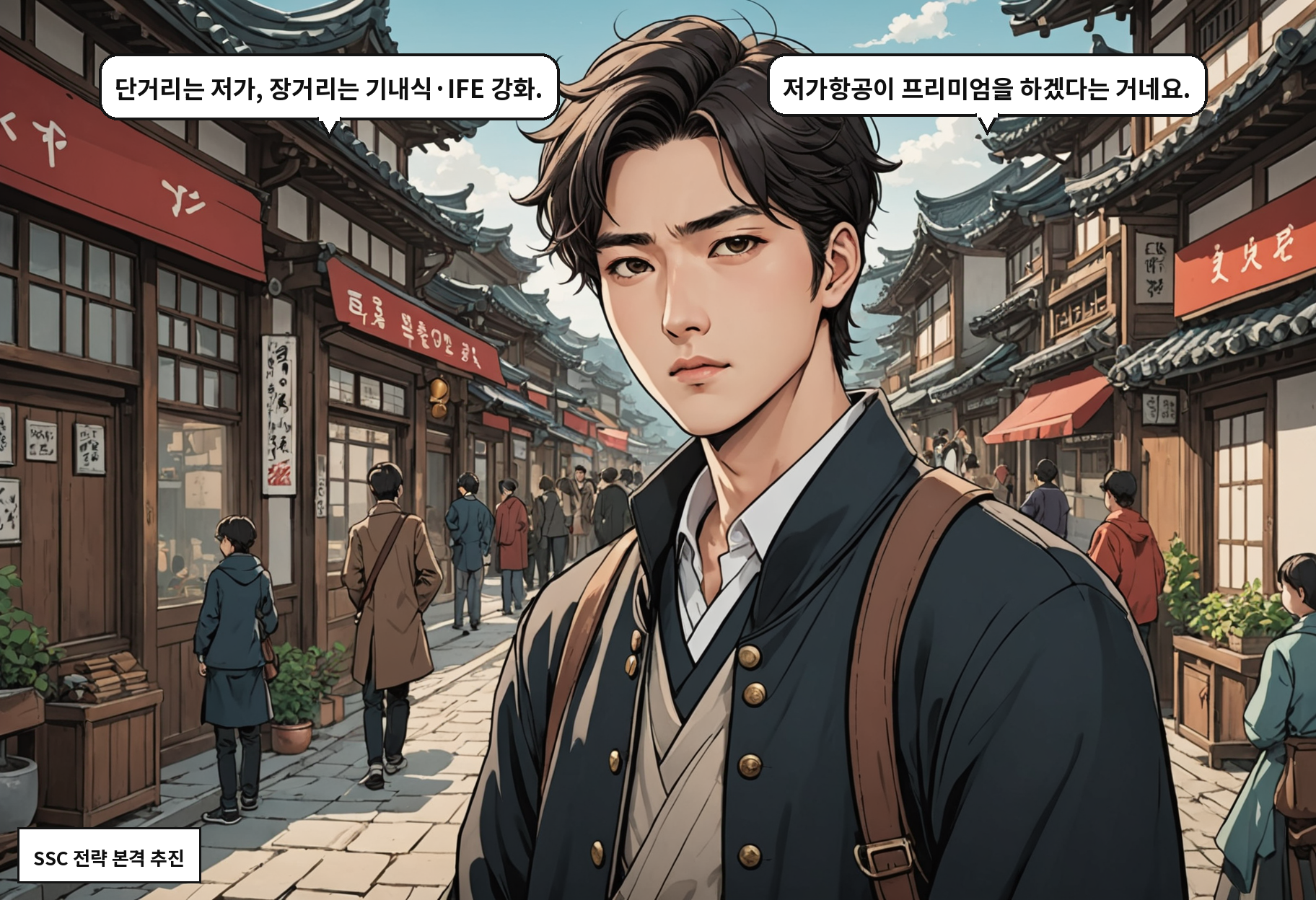 B: 단거리는 저가, 장거리는 기내식·IFE 강화. A: 저가항공이 프리미엄을 하겠다는 거네요.