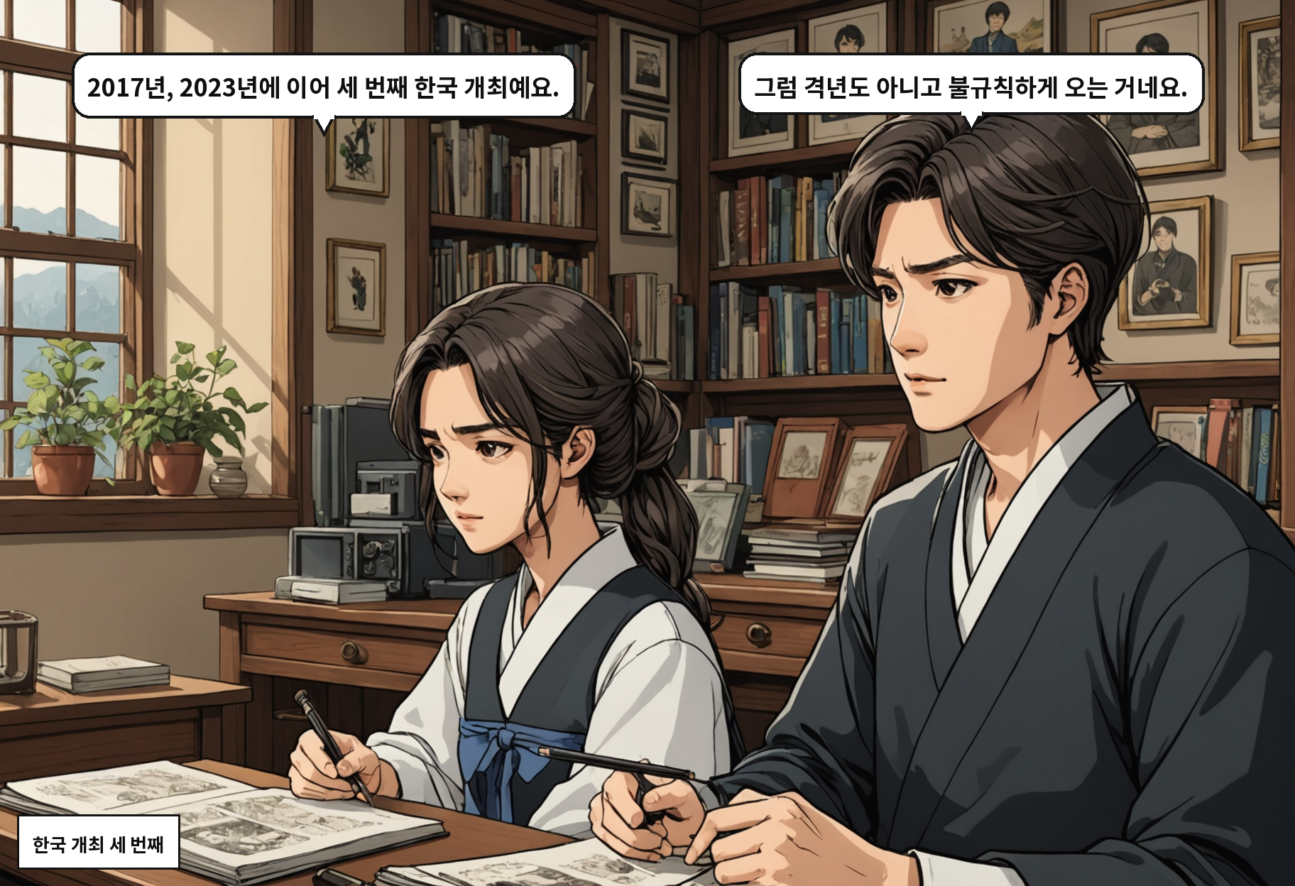 A: 2017년, 2023년에 이어 세 번째 한국 개최예요. B: 그럼 격년도 아니고 불규칙하게 오는 거네요.