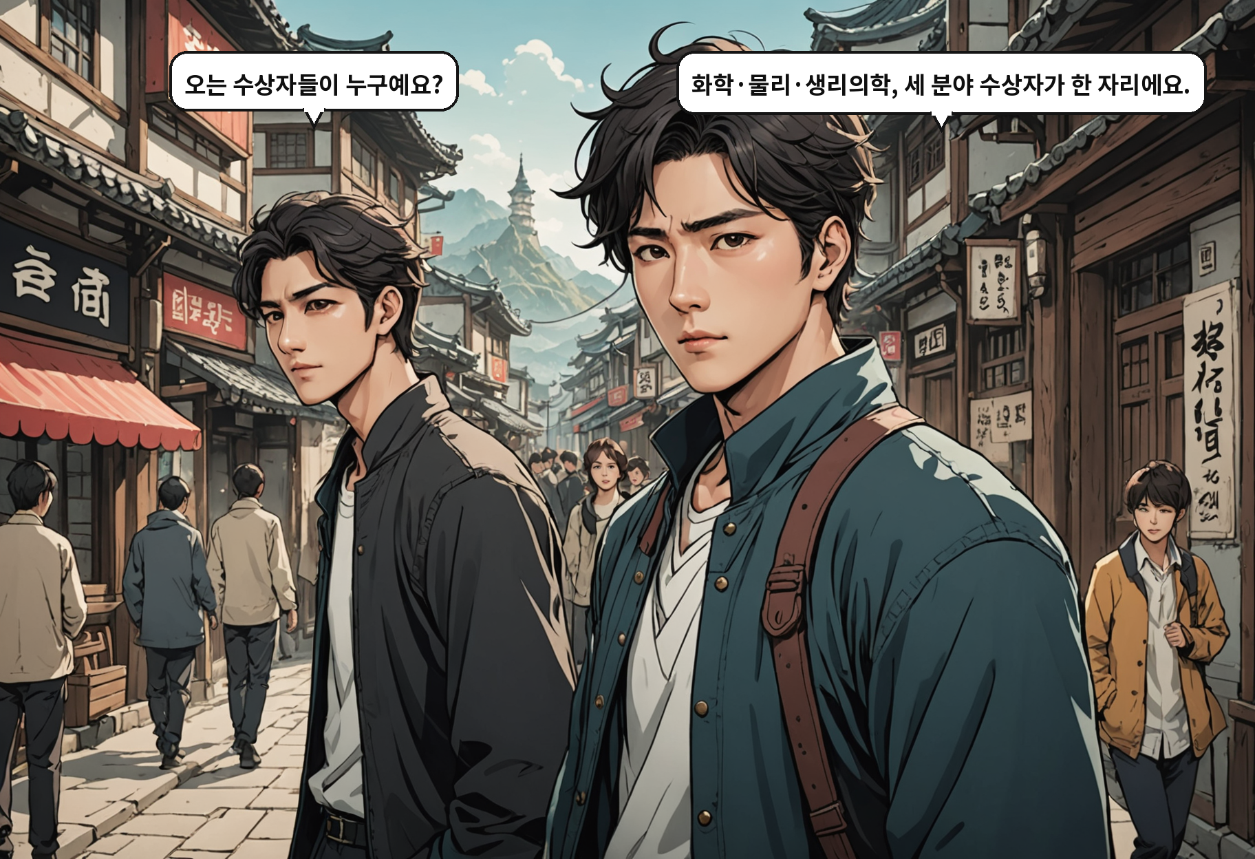 B: 오는 수상자들이 누구예요? A: 화학·물리·생리의학, 세 분야 수상자가 한 자리에요.