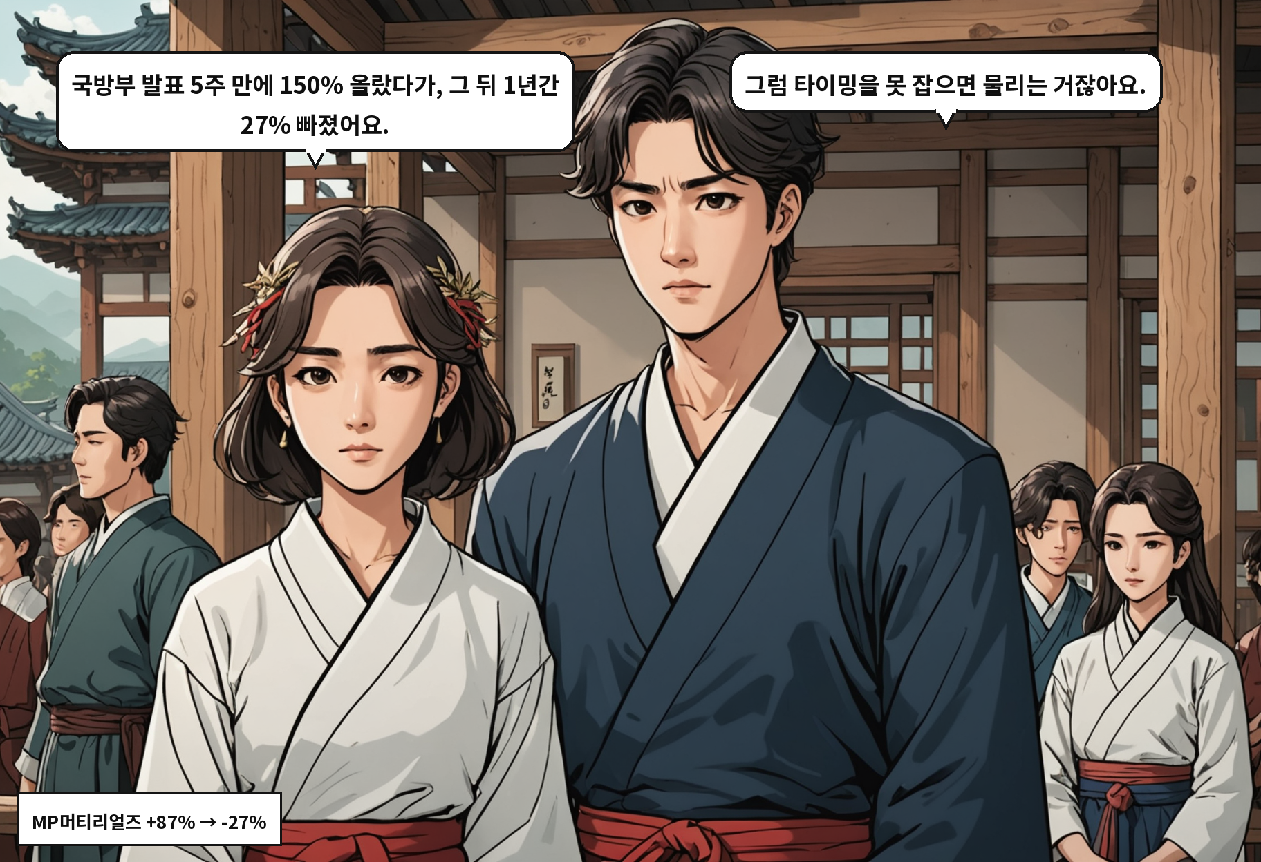 A: 국방부 발표 5주 만에 150% 올랐다가, 그 뒤 1년간 27% 빠졌어요. B: 그럼 타이밍을 못 잡으면 물리는 거잖아요.