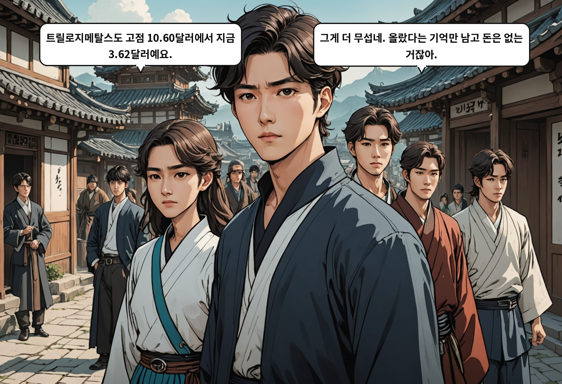 A: 트릴로지메탈스도 고점 10.60달러에서 지금 3.62달러예요. B: 그게 더 무섭네. 올랐다는 기억만 남고 돈은 없는 거잖아.