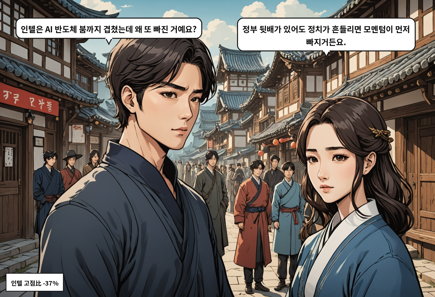 B: 인텔은 AI 반도체 붐까지 겹쳤는데 왜 또 빠진 거예요? A: 정부 뒷배가 있어도 정치가 흔들리면 모멘텀이 먼저 빠지거든요.