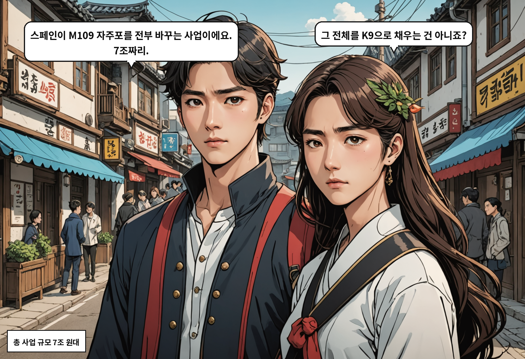 B: 스페인이 M109 자주포를 전부 바꾸는 사업이에요. 7조짜리. A: 그 전체를 K9으로 채우는 건 아니죠?