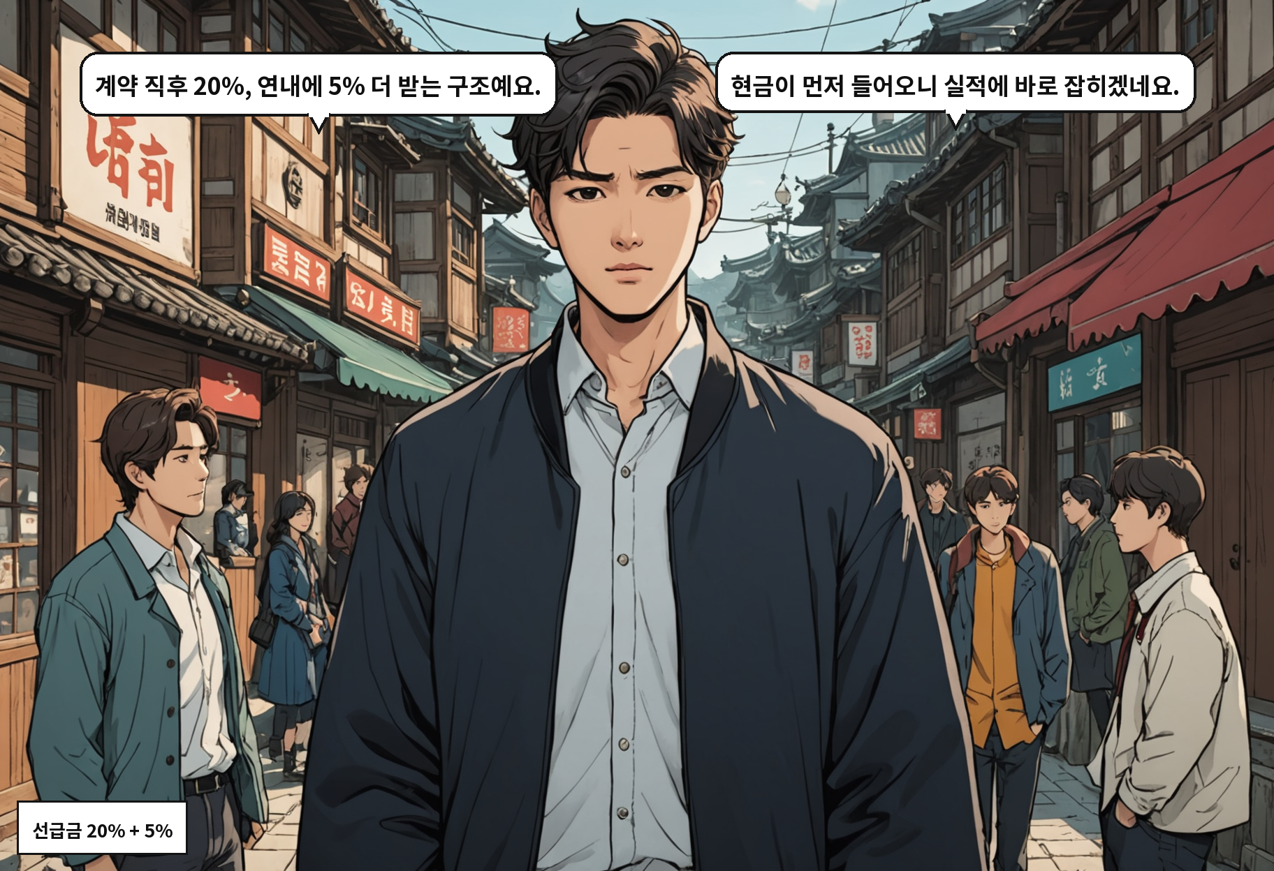 B: 계약 직후 20%, 연내에 5% 더 받는 구조예요. A: 현금이 먼저 들어오니 실적에 바로 잡히겠네요.