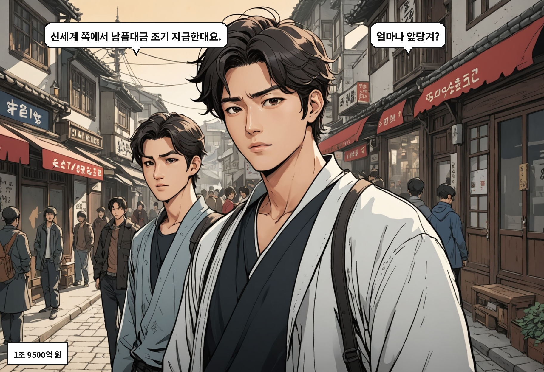 A: 신세계 쪽에서 납품대금 조기 지급한대요. B: 얼마나 앞당겨?
