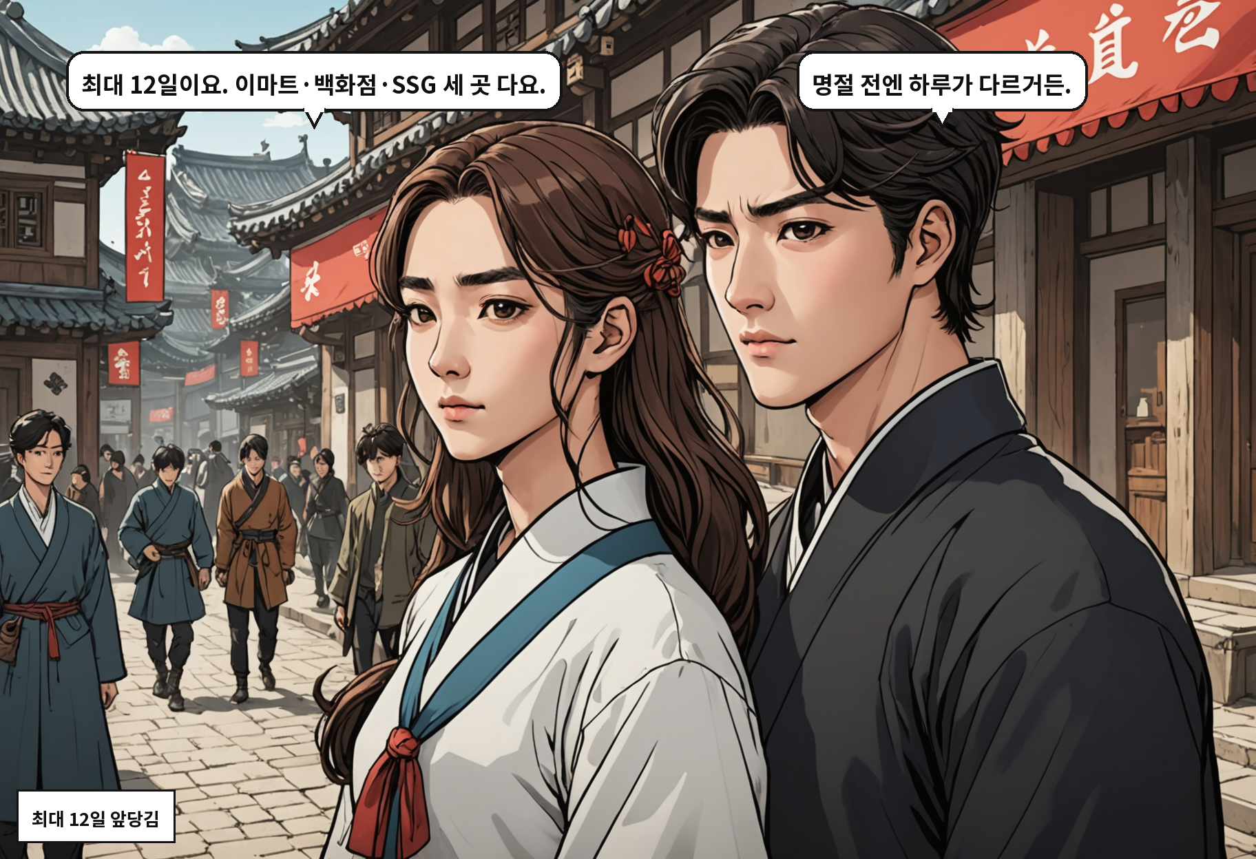 A: 최대 12일이요. 이마트·백화점·SSG 세 곳 다요. B: 명절 전엔 하루가 다르거든.