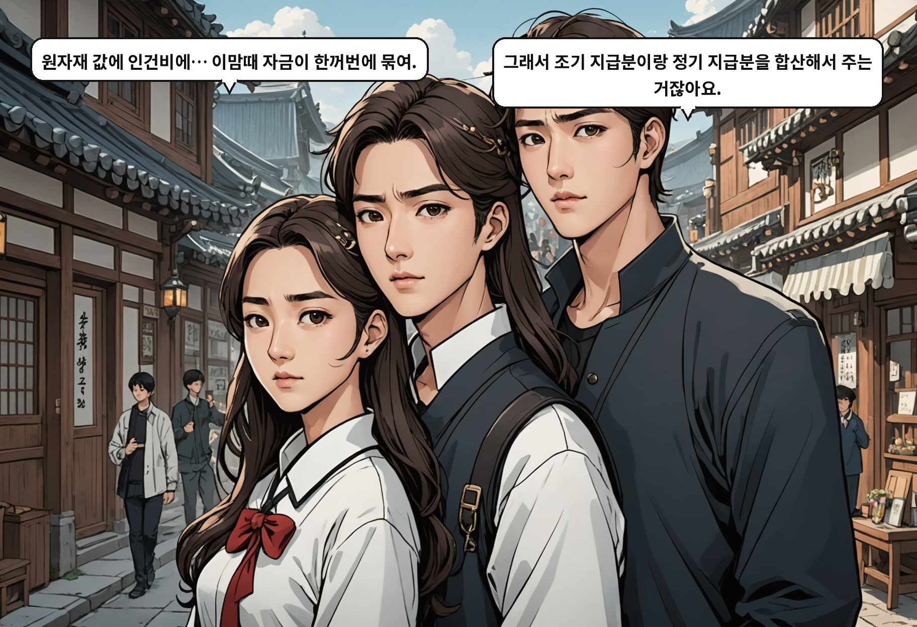 B: 원자재 값에 인건비에… 이맘때 자금이 한꺼번에 묶여. A: 그래서 조기 지급분이랑 정기 지급분을 합산해서 주는 거잖아요.