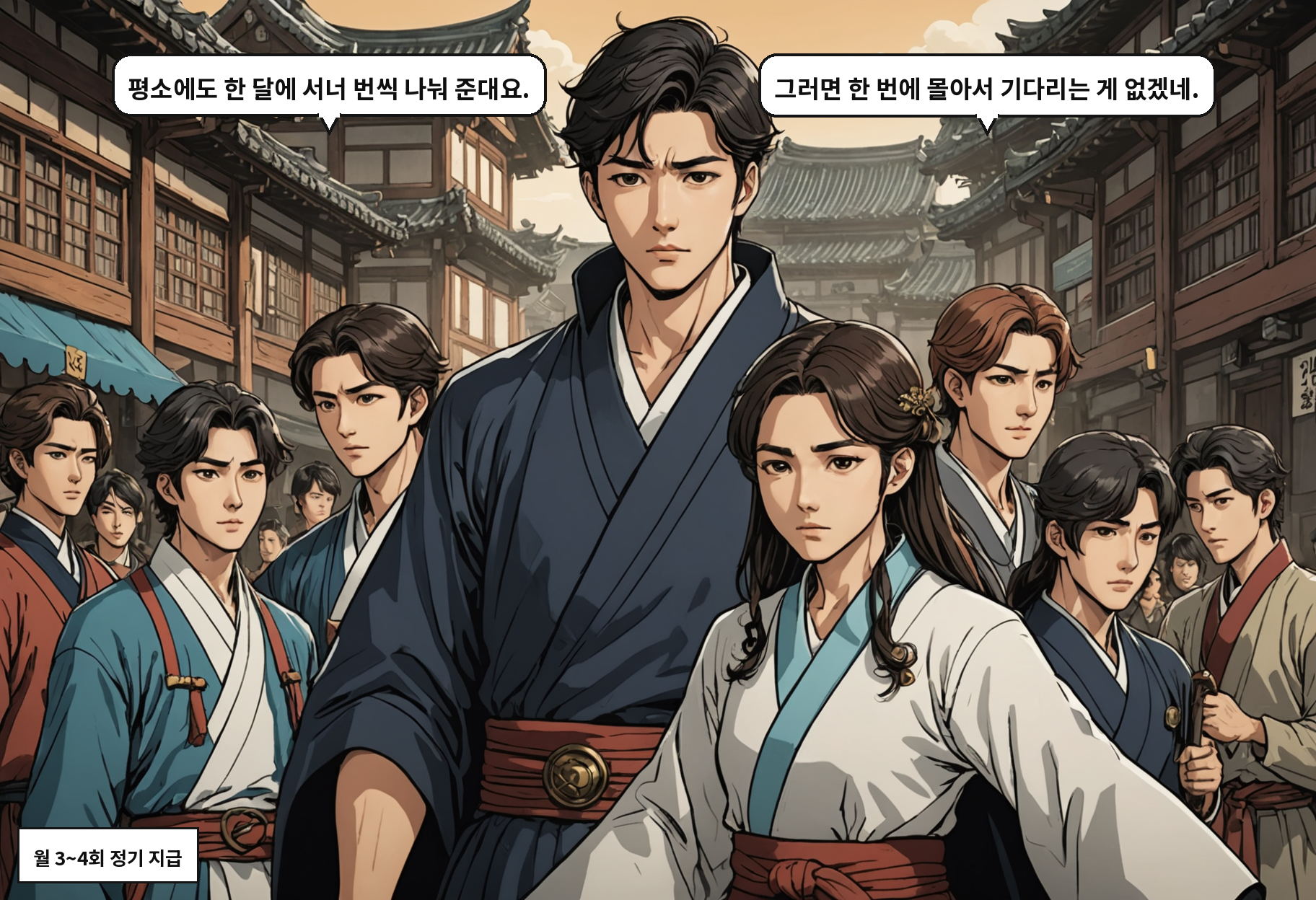 A: 평소에도 한 달에 서너 번씩 나눠 준대요. B: 그러면 한 번에 몰아서 기다리는 게 없겠네.