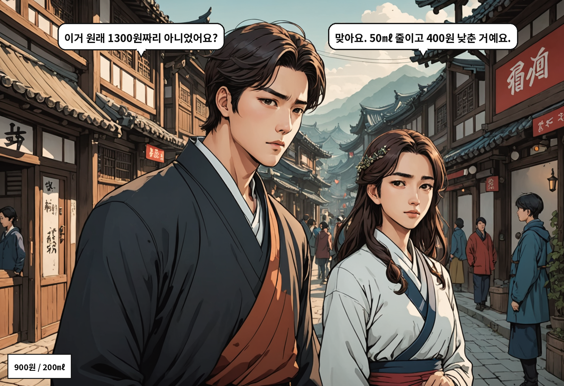 A: 이거 원래 1300원짜리 아니었어요? B: 맞아요. 50㎖ 줄이고 400원 낮춘 거예요.