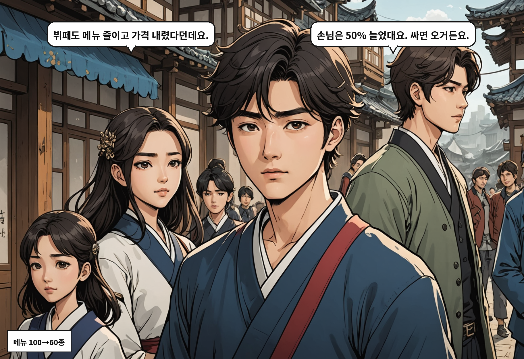 A: 뷔페도 메뉴 줄이고 가격 내렸다던데요. B: 손님은 50% 늘었대요. 싸면 오거든요.