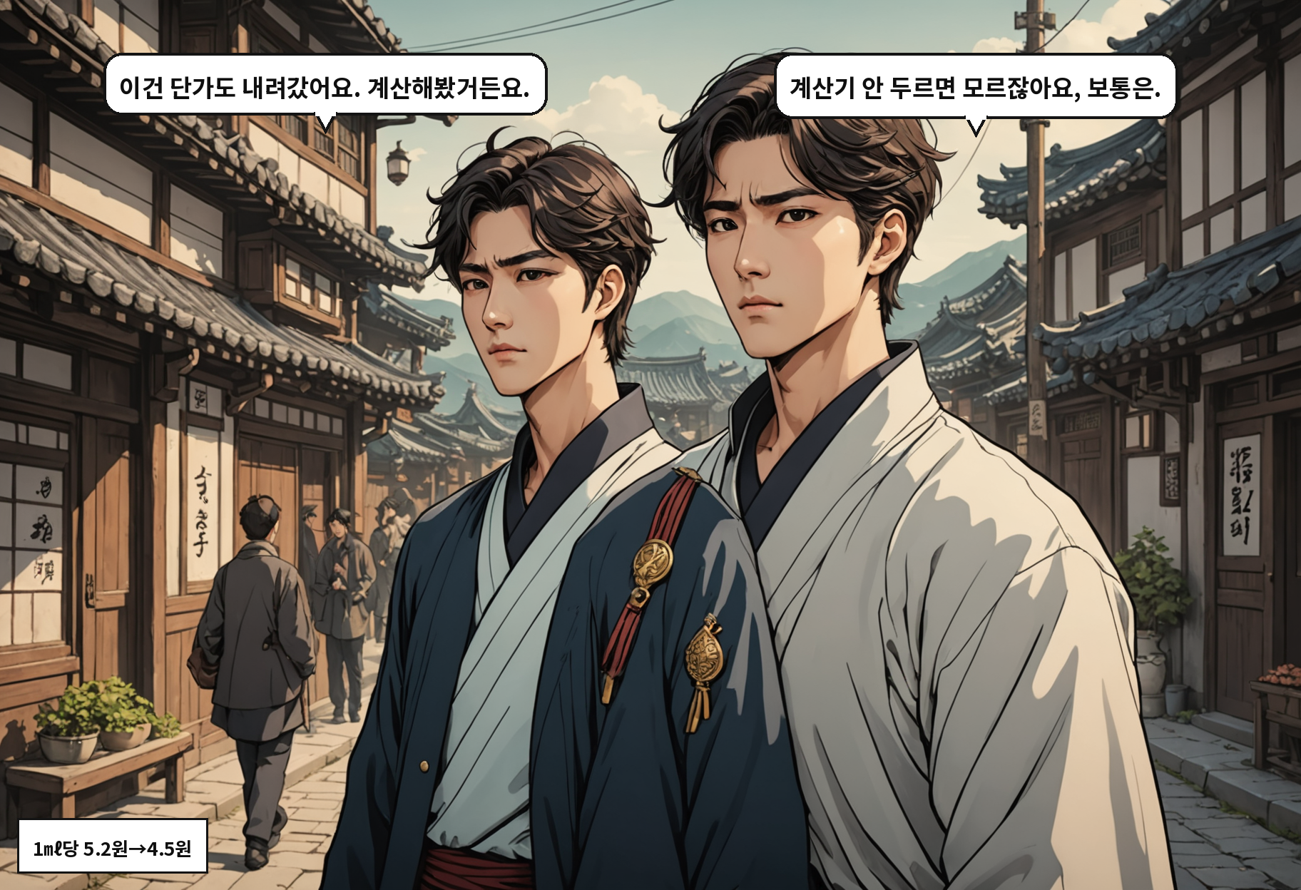 B: 이건 단가도 내려갔어요. 계산해봤거든요. A: 계산기 안 두르면 모르잖아요, 보통은.