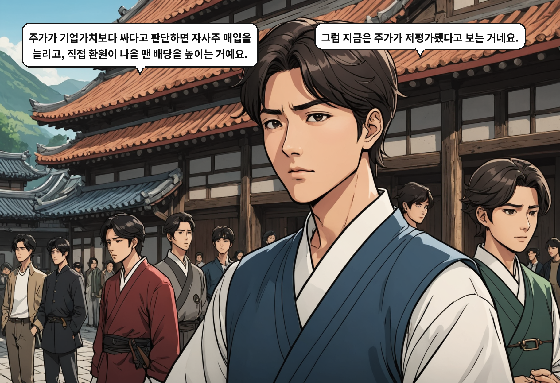 A: 주가가 기업가치보다 싸다고 판단하면 자사주 매입을 늘리고, 직접 환원이 나을 땐 배당을 높이는 거예요. B: 그럼 지금은 주가가 저평가됐다고 보는 거네요.