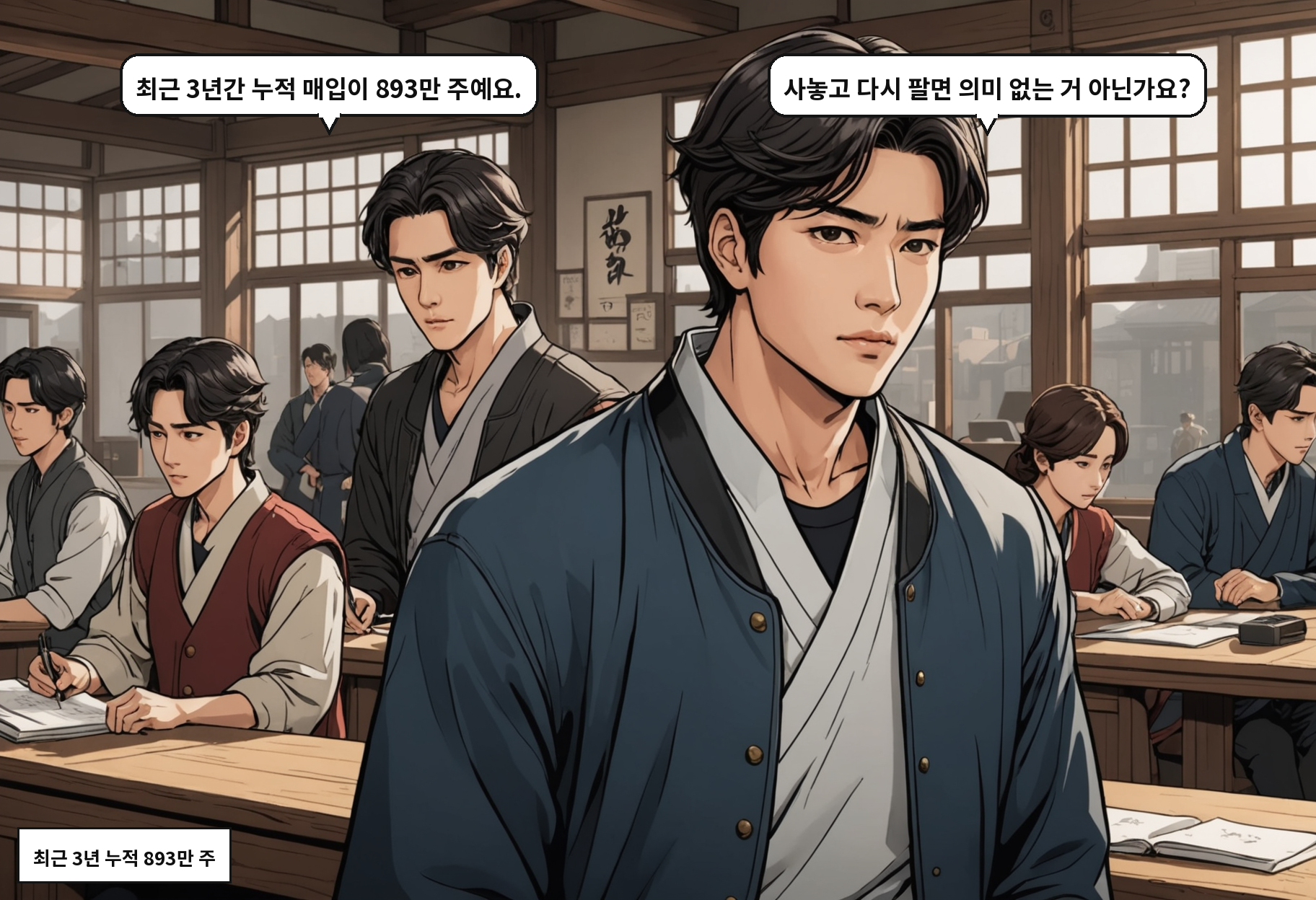 A: 최근 3년간 누적 매입이 893만 주예요. B: 사놓고 다시 팔면 의미 없는 거 아닌가요?