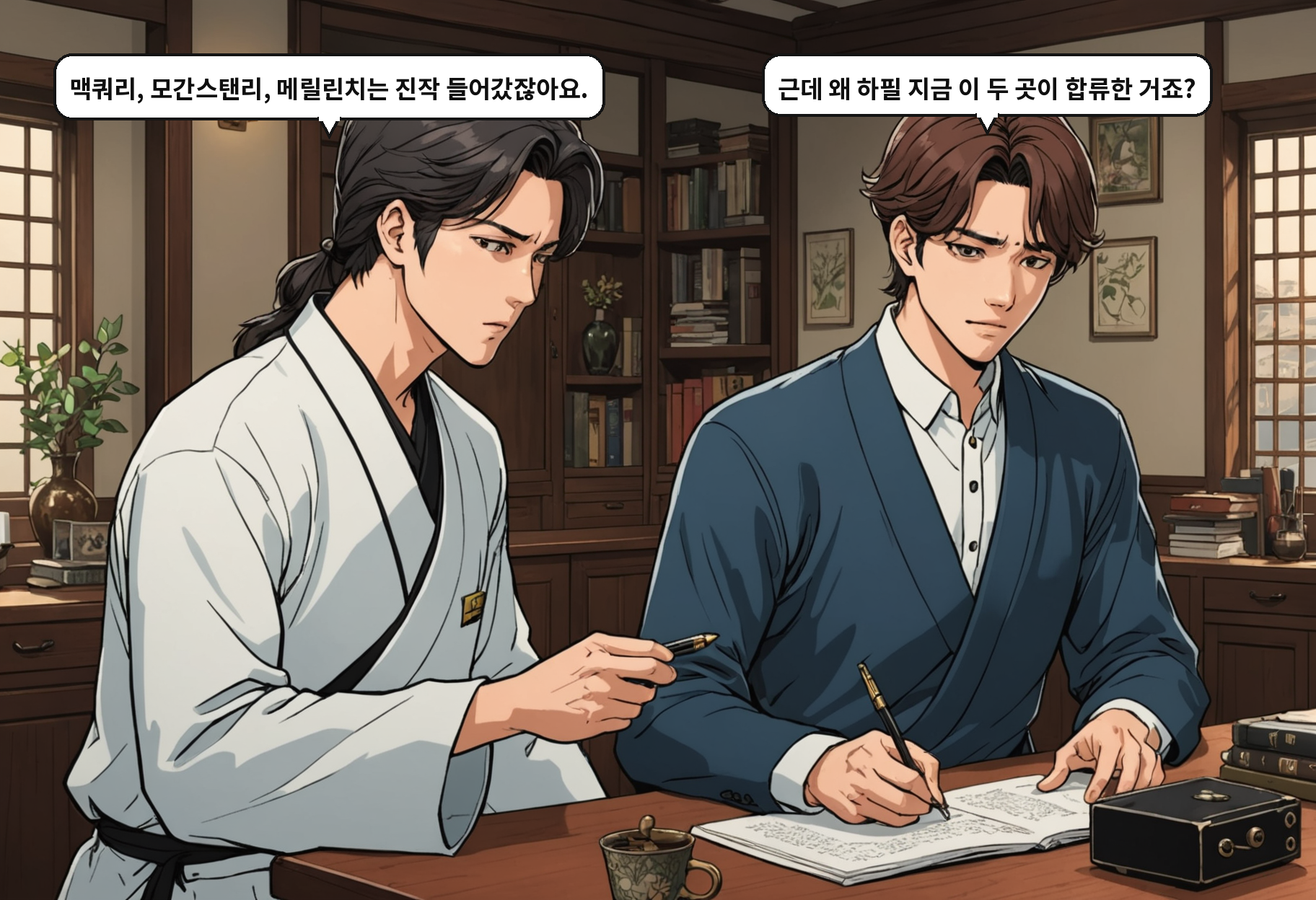 B: 맥쿼리, 모간스탠리, 메릴린치는 진작 들어갔잖아요. A: 근데 왜 하필 지금 이 두 곳이 합류한 거죠?