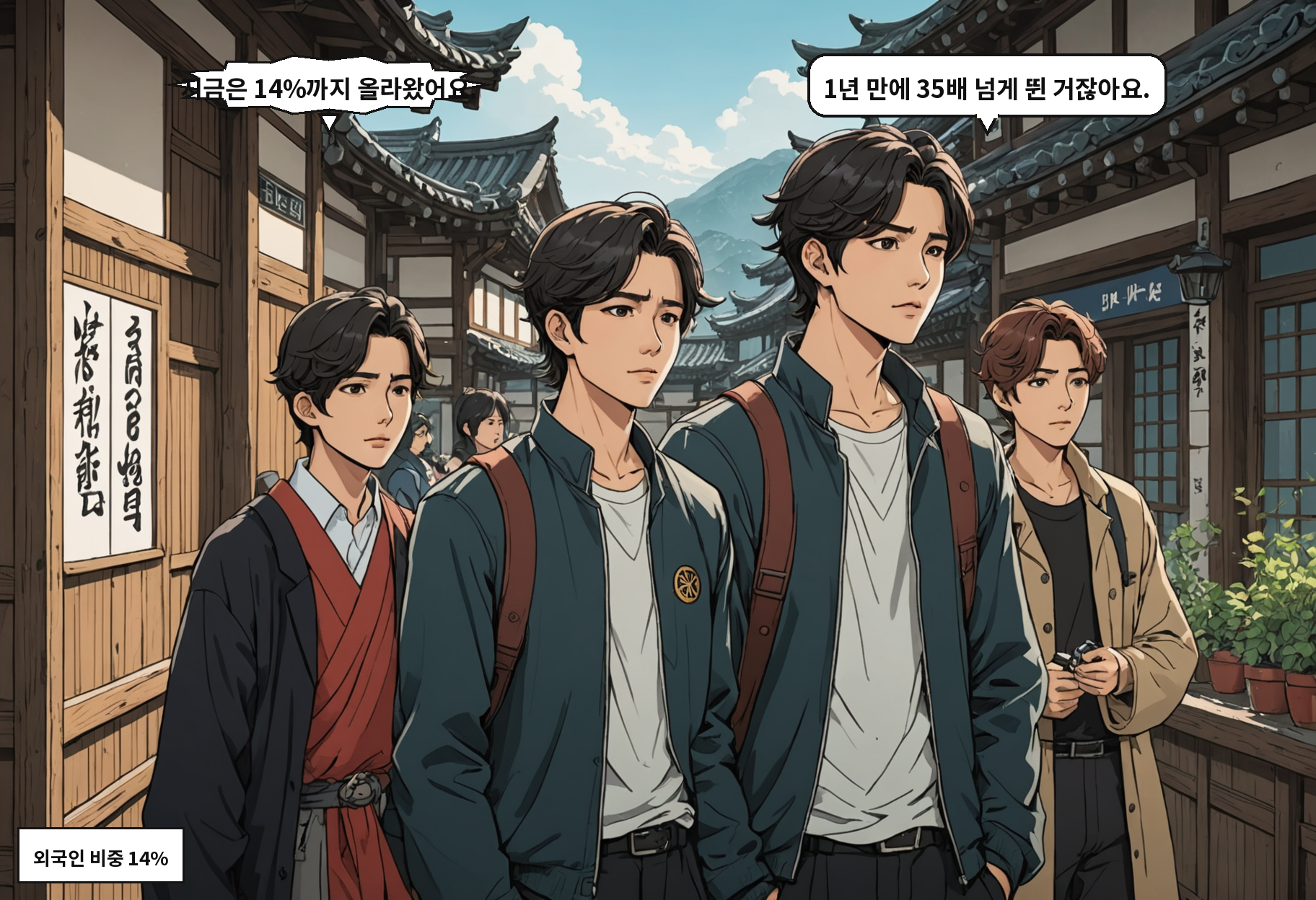 B: 지금은 14%까지 올라왔어요. A: 1년 만에 35배 넘게 뛴 거잖아요.