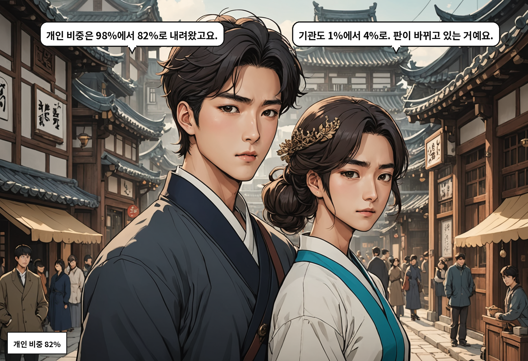 A: 개인 비중은 98%에서 82%로 내려왔고요. B: 기관도 1%에서 4%로. 판이 바뀌고 있는 거예요.