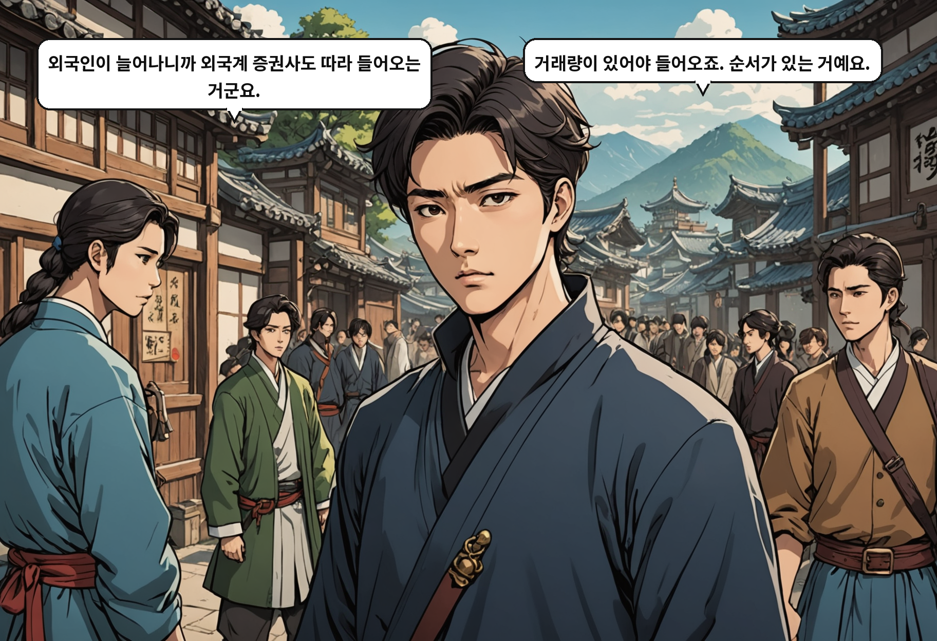 A: 외국인이 늘어나니까 외국계 증권사도 따라 들어오는 거군요. B: 거래량이 있어야 들어오죠. 순서가 있는 거예요.