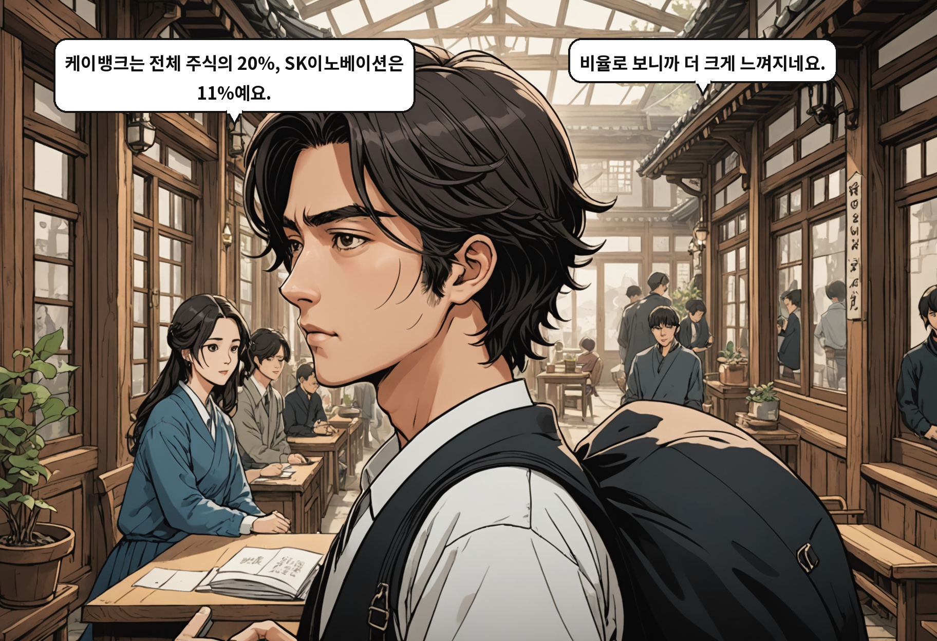 A: 케이뱅크는 전체 주식의 20%, SK이노베이션은 11%예요. B: 비율로 보니까 더 크게 느껴지네요.