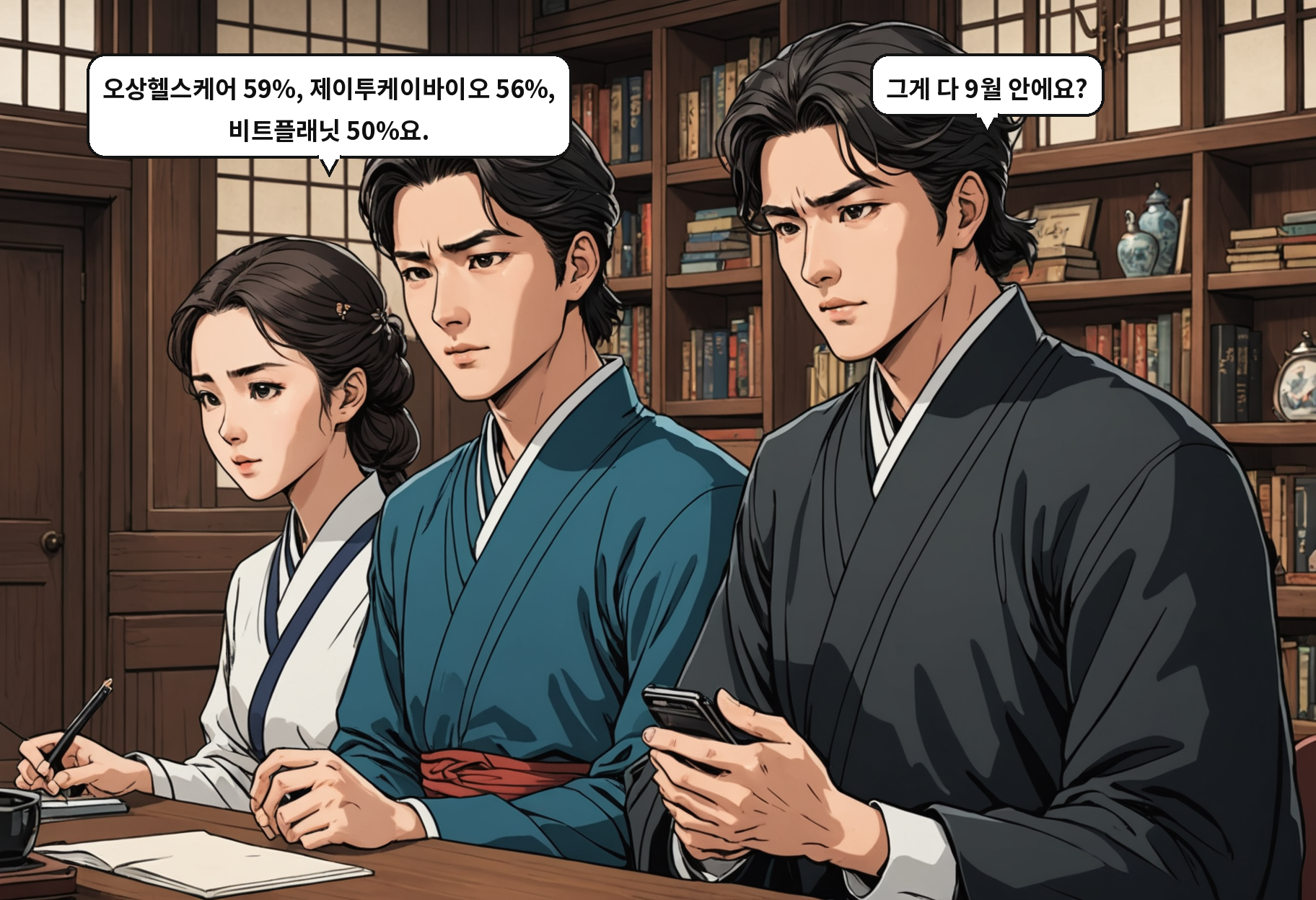 A: 오상헬스케어 59%, 제이투케이바이오 56%, 비트플래닛 50%요. B: 그게 다 9월 안에요?