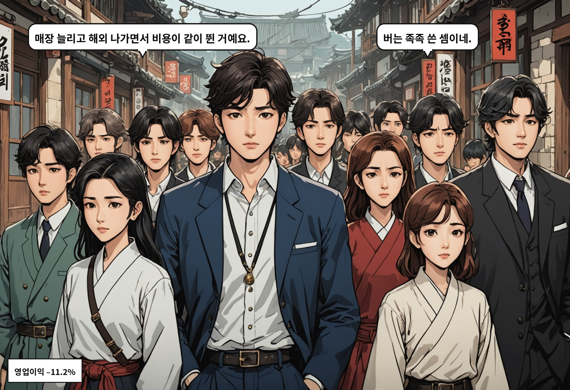 A: 매장 늘리고 해외 나가면서 비용이 같이 뛴 거예요. B: 버는 족족 쓴 셈이네.
