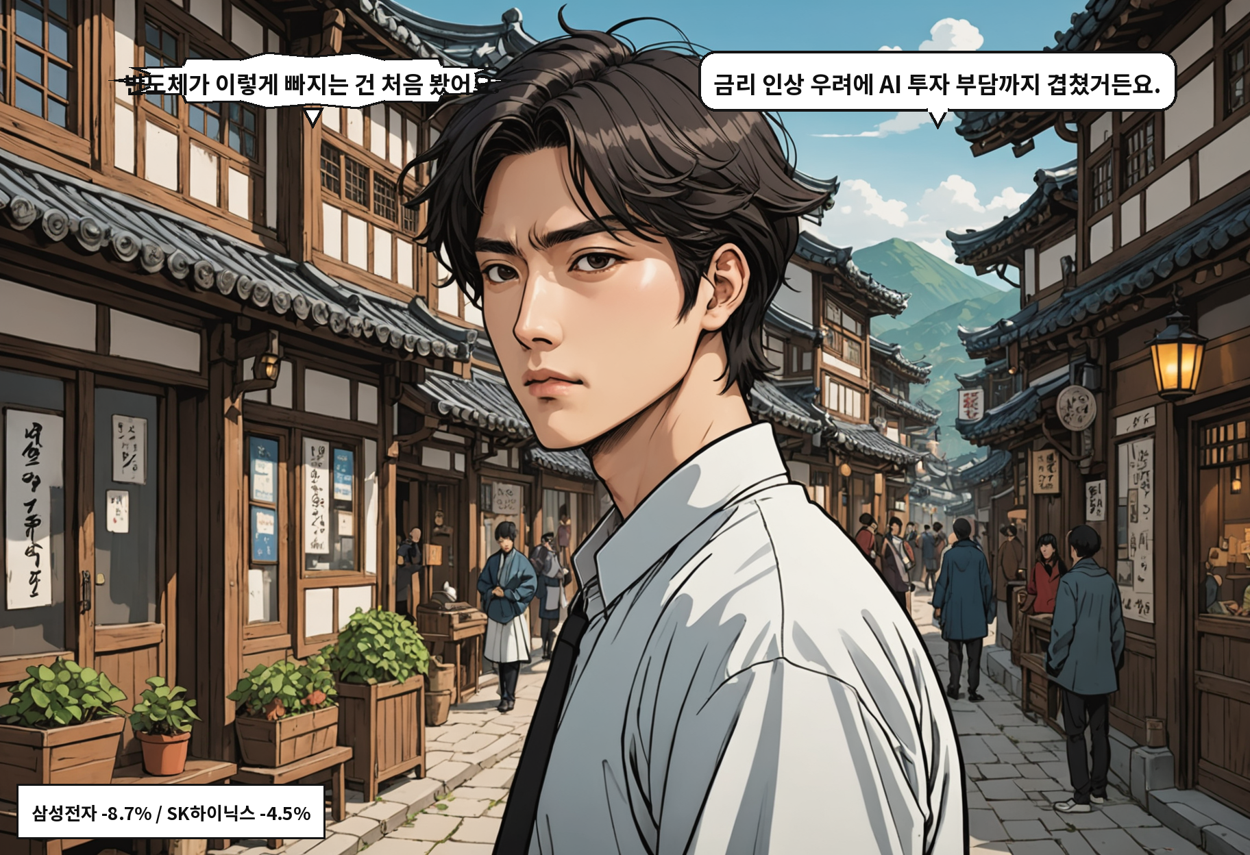B: 반도체가 이렇게 빠지는 건 처음 봤어요. A: 금리 인상 우려에 AI 투자 부담까지 겹쳤거든요.