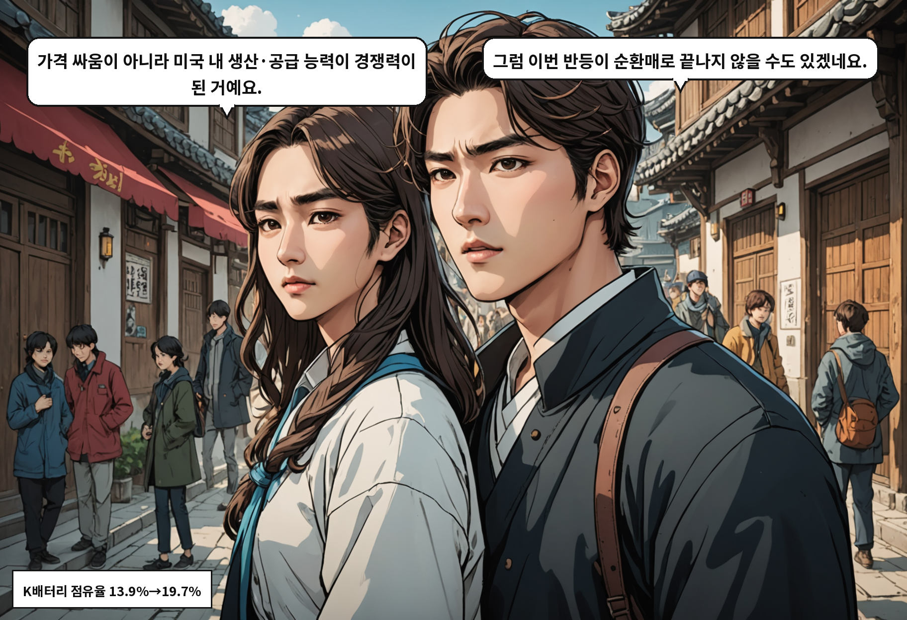 A: 가격 싸움이 아니라 미국 내 생산·공급 능력이 경쟁력이 된 거예요. B: 그럼 이번 반등이 순환매로 끝나지 않을 수도 있겠네요.