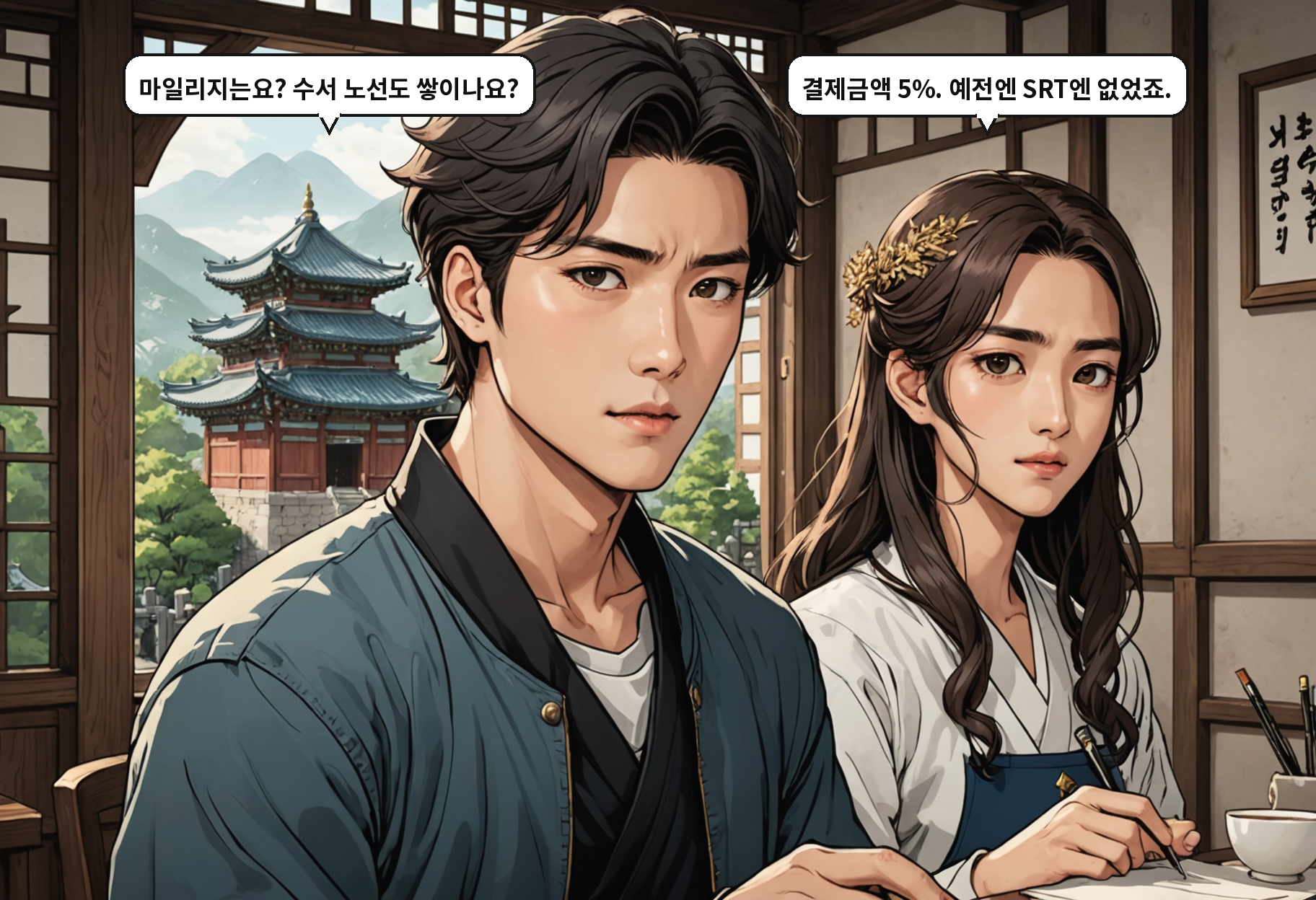 A: 마일리지는요? 수서 노선도 쌓이나요? B: 결제금액 5%. 예전엔 SRT엔 없었죠.