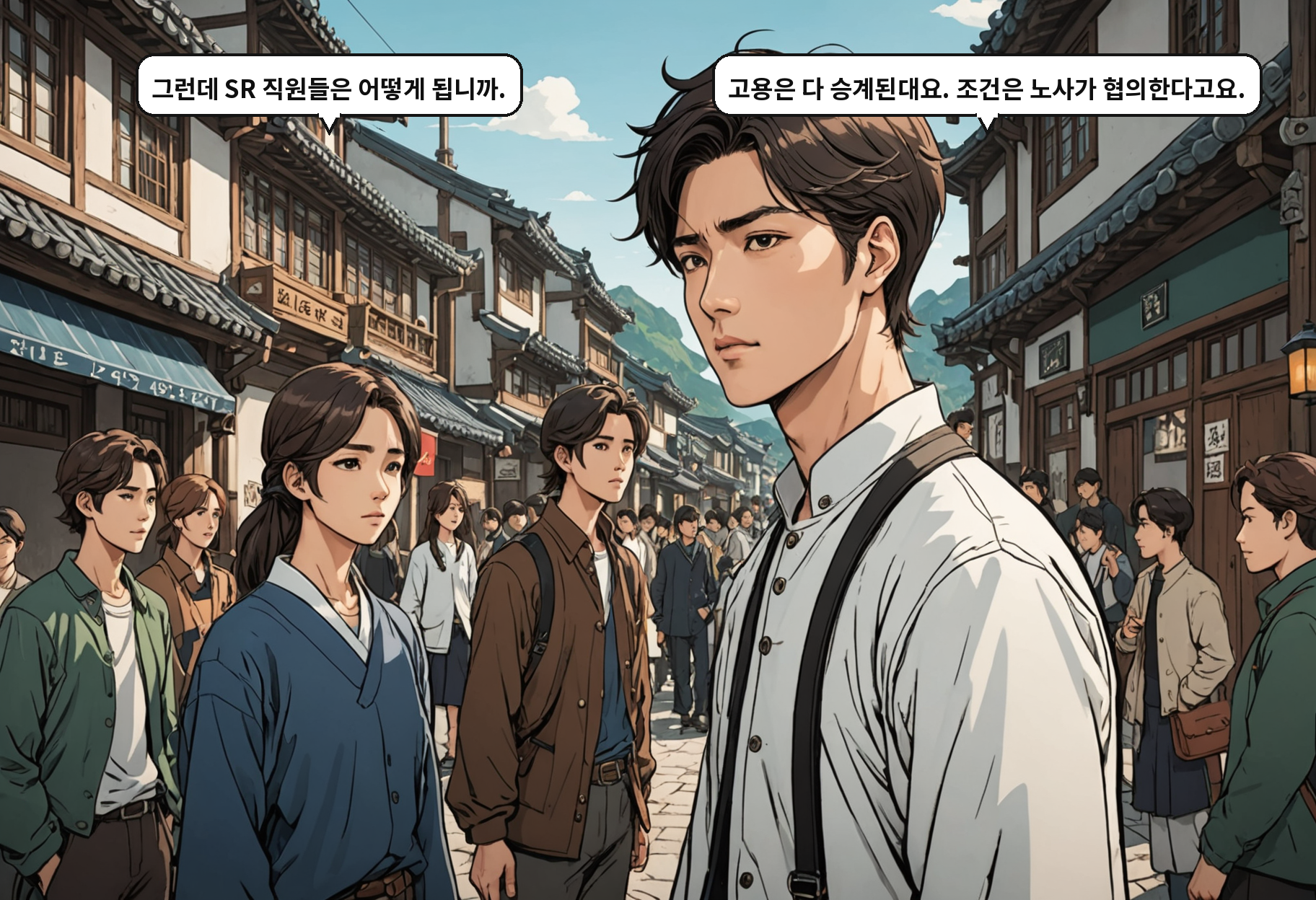 B: 그런데 SR 직원들은 어떻게 됩니까. A: 고용은 다 승계된대요. 조건은 노사가 협의한다고요.