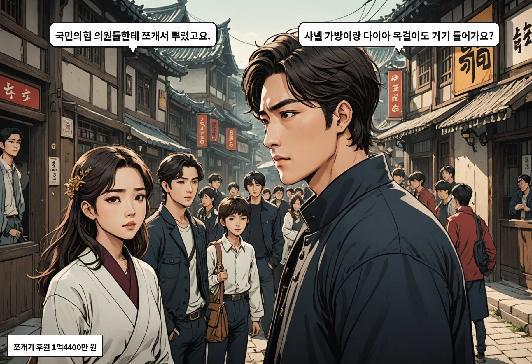 B: 국민의힘 의원들한테 쪼개서 뿌렸고요. A: 샤넬 가방이랑 다이아 목걸이도 거기 들어가요?