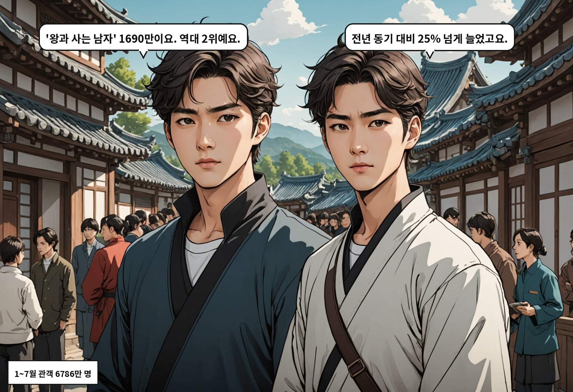 A: '왕과 사는 남자' 1690만이요. 역대 2위예요. B: 전년 동기 대비 25% 넘게 늘었고요.
