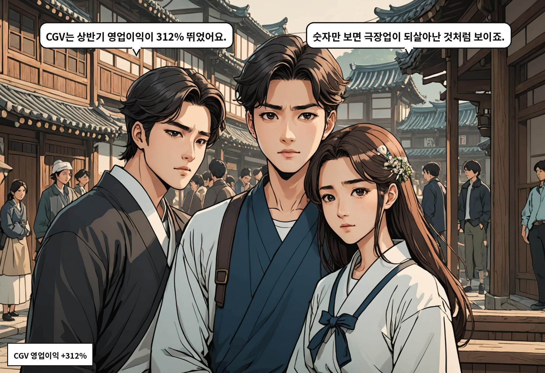 A: CGV는 상반기 영업이익이 312% 뛰었어요. B: 숫자만 보면 극장업이 되살아난 것처럼 보이죠.