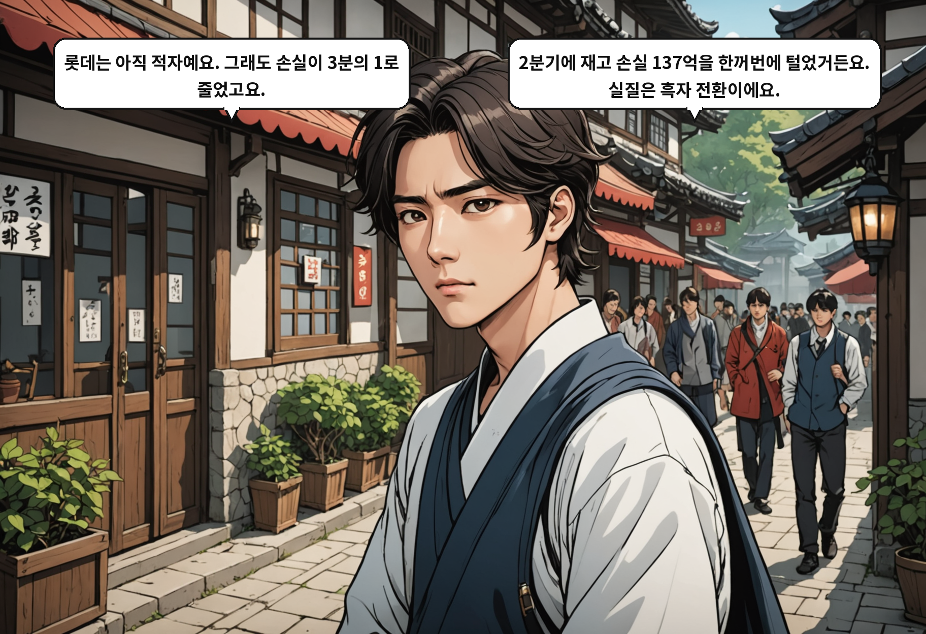 A: 롯데는 아직 적자예요. 그래도 손실이 3분의 1로 줄었고요. B: 2분기에 재고 손실 137억을 한꺼번에 털었거든요. 실질은 흑자 전환이에요.