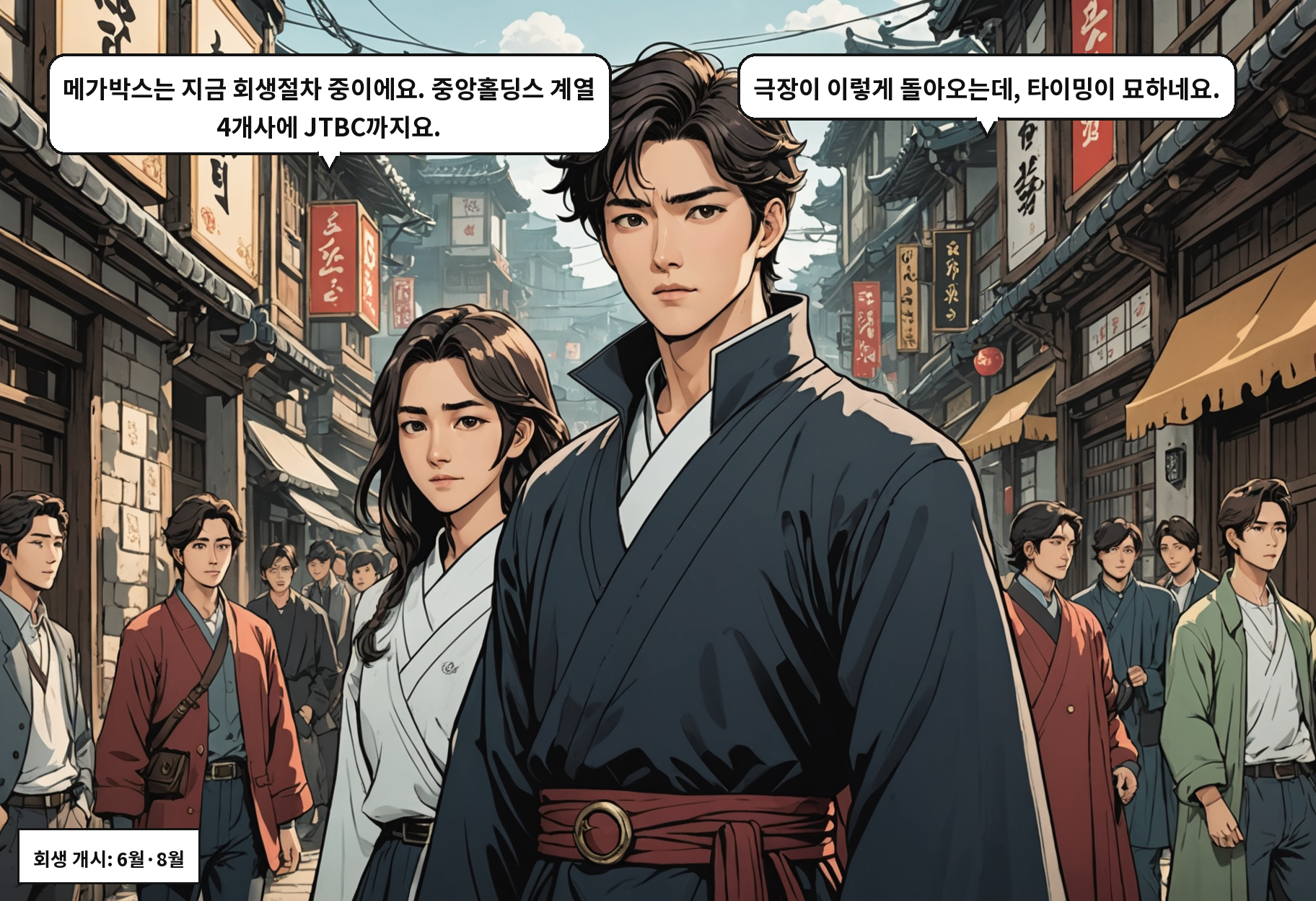 B: 메가박스는 지금 회생절차 중이에요. 중앙홀딩스 계열 4개사에 JTBC까지요. A: 극장이 이렇게 돌아오는데, 타이밍이 묘하네요.