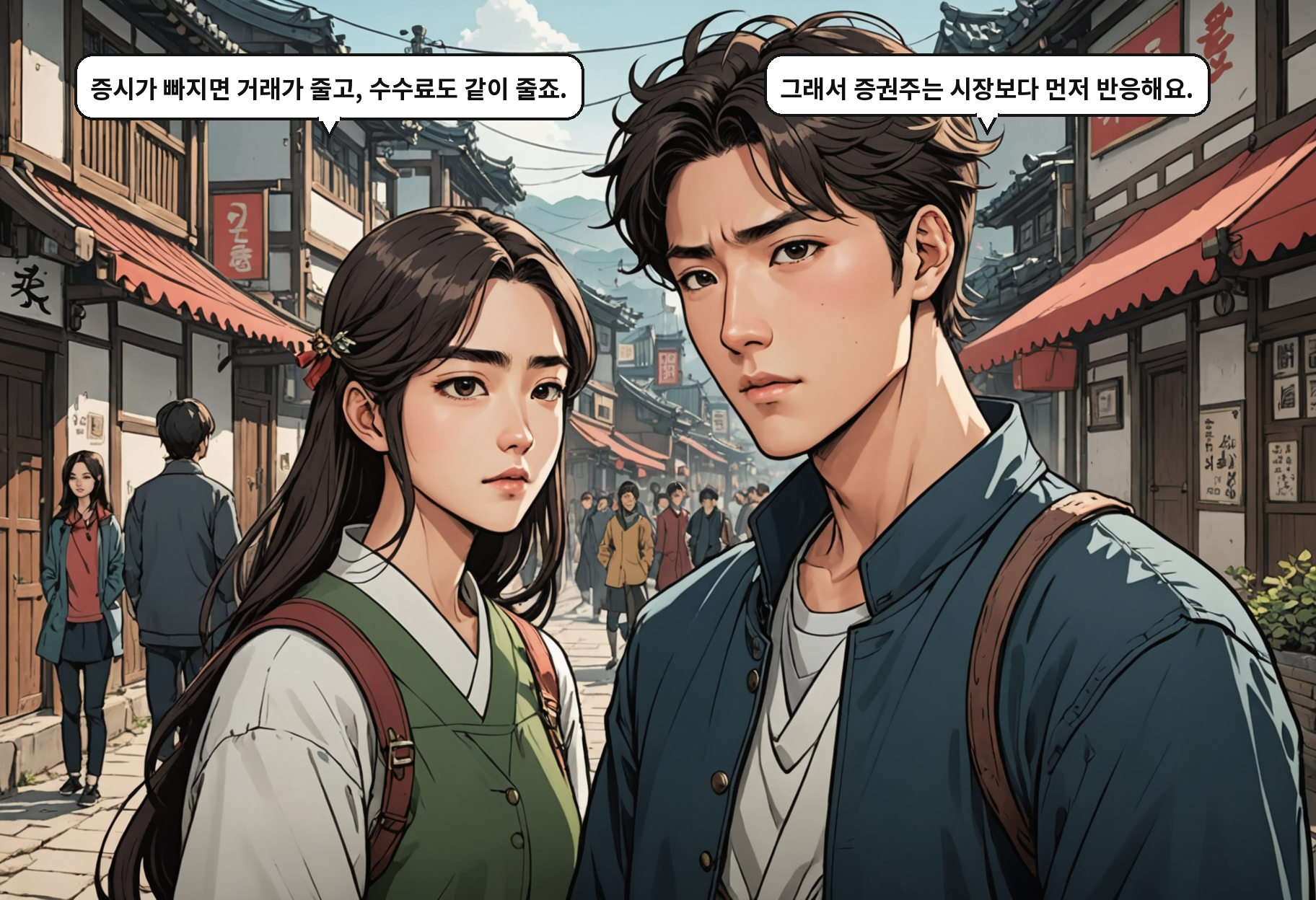 B: 증시가 빠지면 거래가 줄고, 수수료도 같이 줄죠. A: 그래서 증권주는 시장보다 먼저 반응해요.