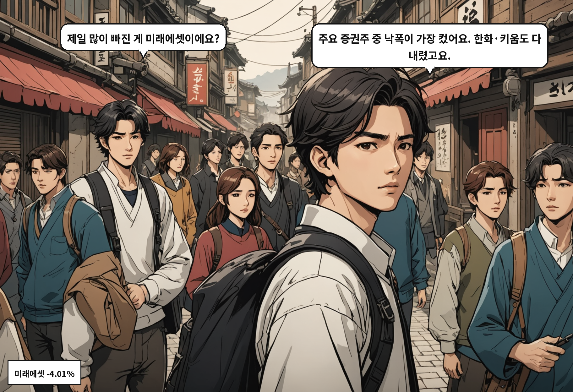 B: 제일 많이 빠진 게 미래에셋이에요? A: 주요 증권주 중 낙폭이 가장 컸어요. 한화·키움도 다 내렸고요.