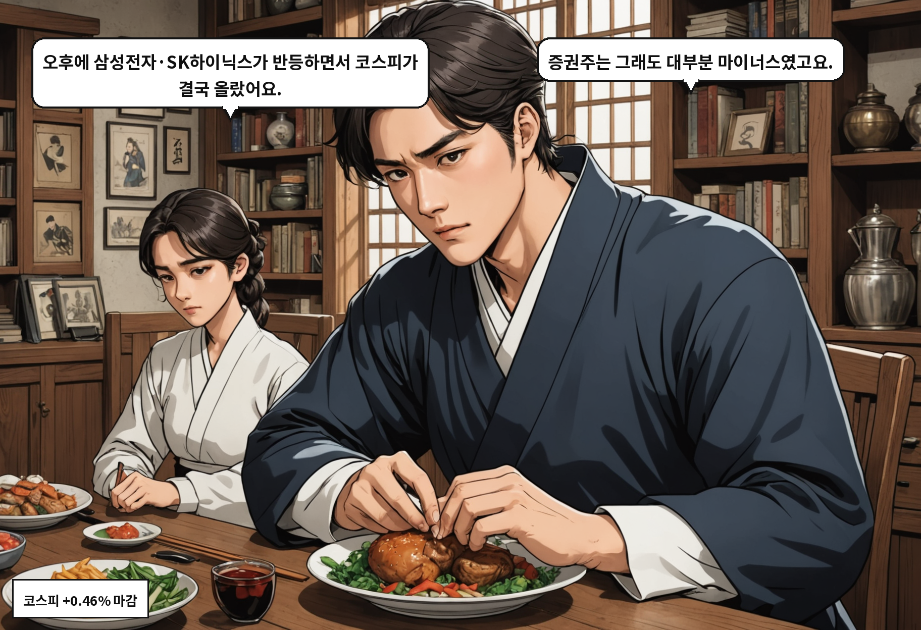 A: 오후에 삼성전자·SK하이닉스가 반등하면서 코스피가 결국 올랐어요. B: 증권주는 그래도 대부분 마이너스였고요.