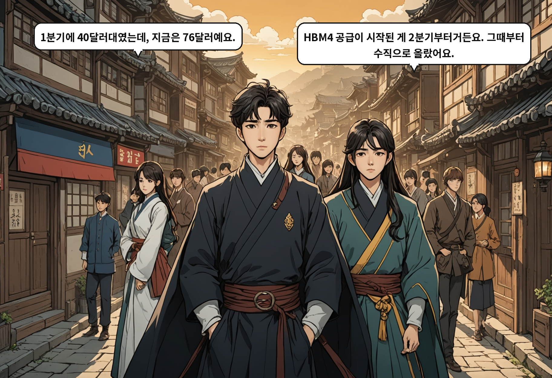 A: 1분기에 40달러대였는데, 지금은 76달러예요. B: HBM4 공급이 시작된 게 2분기부터거든요. 그때부터 수직으로 올랐어요.